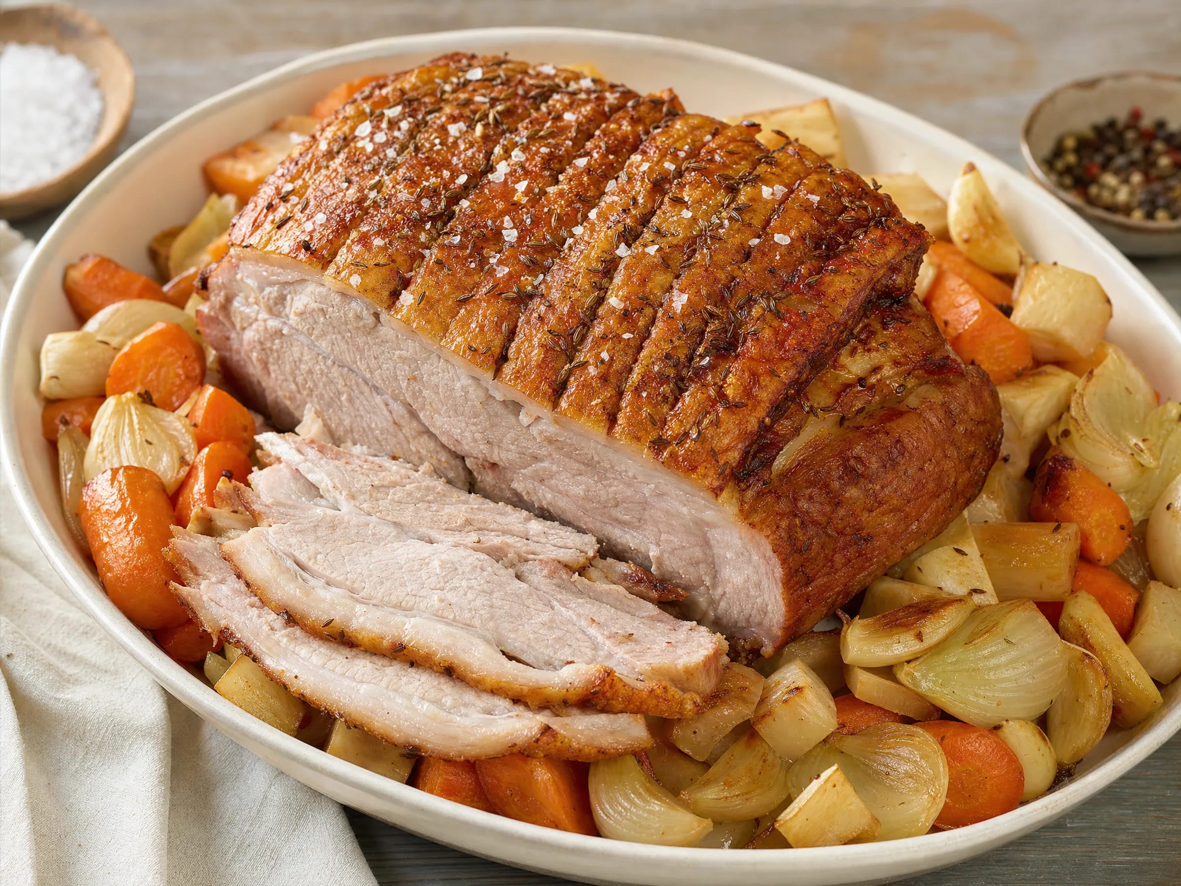 Schweinebraten mit Kruste aus dem Backofen Rezeptfoto Schweinebraten mit Kruste aus dem Backofen fertig angerichtet