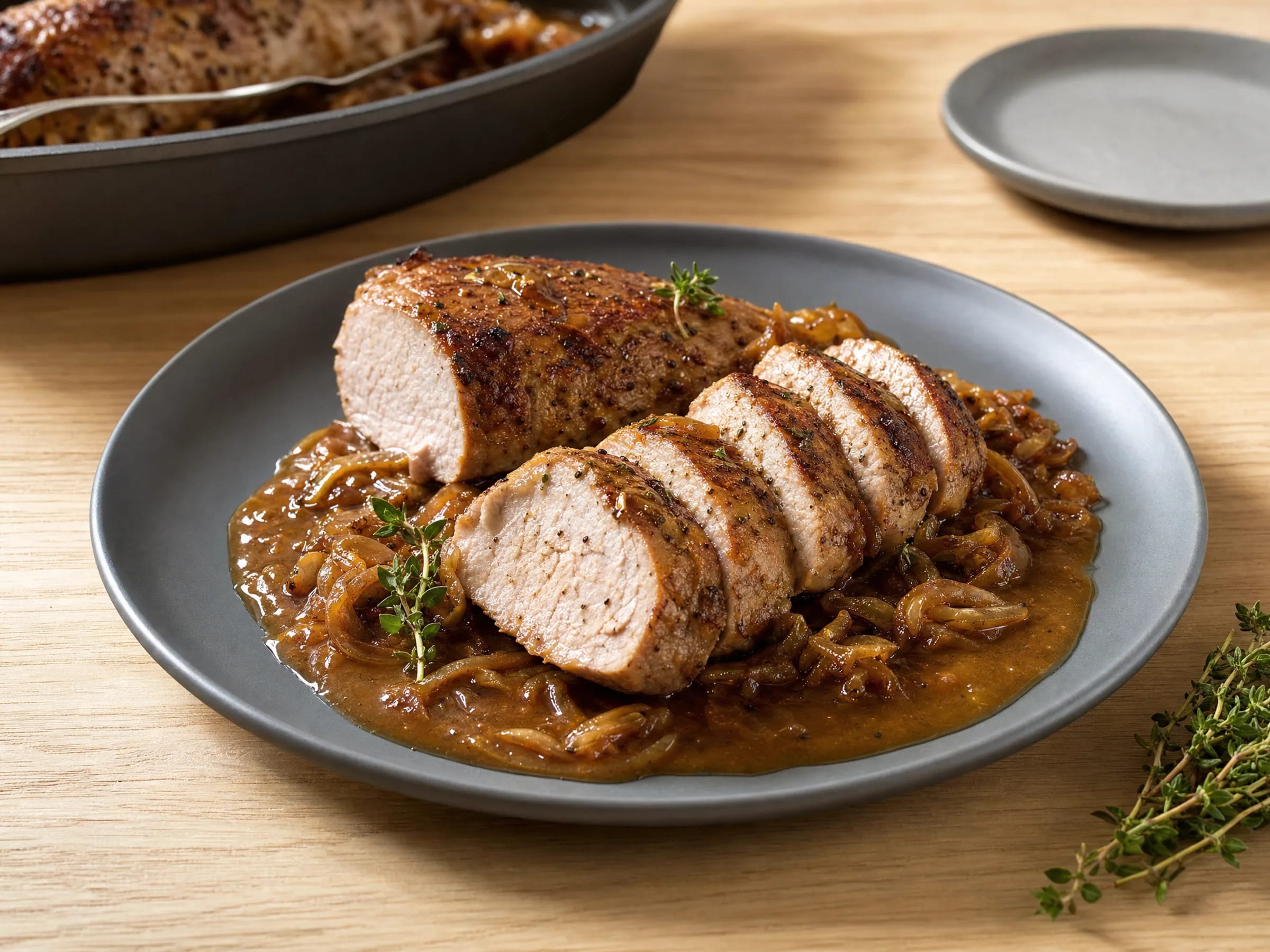 Schweinelende im Backofen mit Soße aus Zwiebeln und Senf Rezeptfoto Schweinelende im Backofen mit Soße aus Zwiebeln und Senf fertig angerichtet