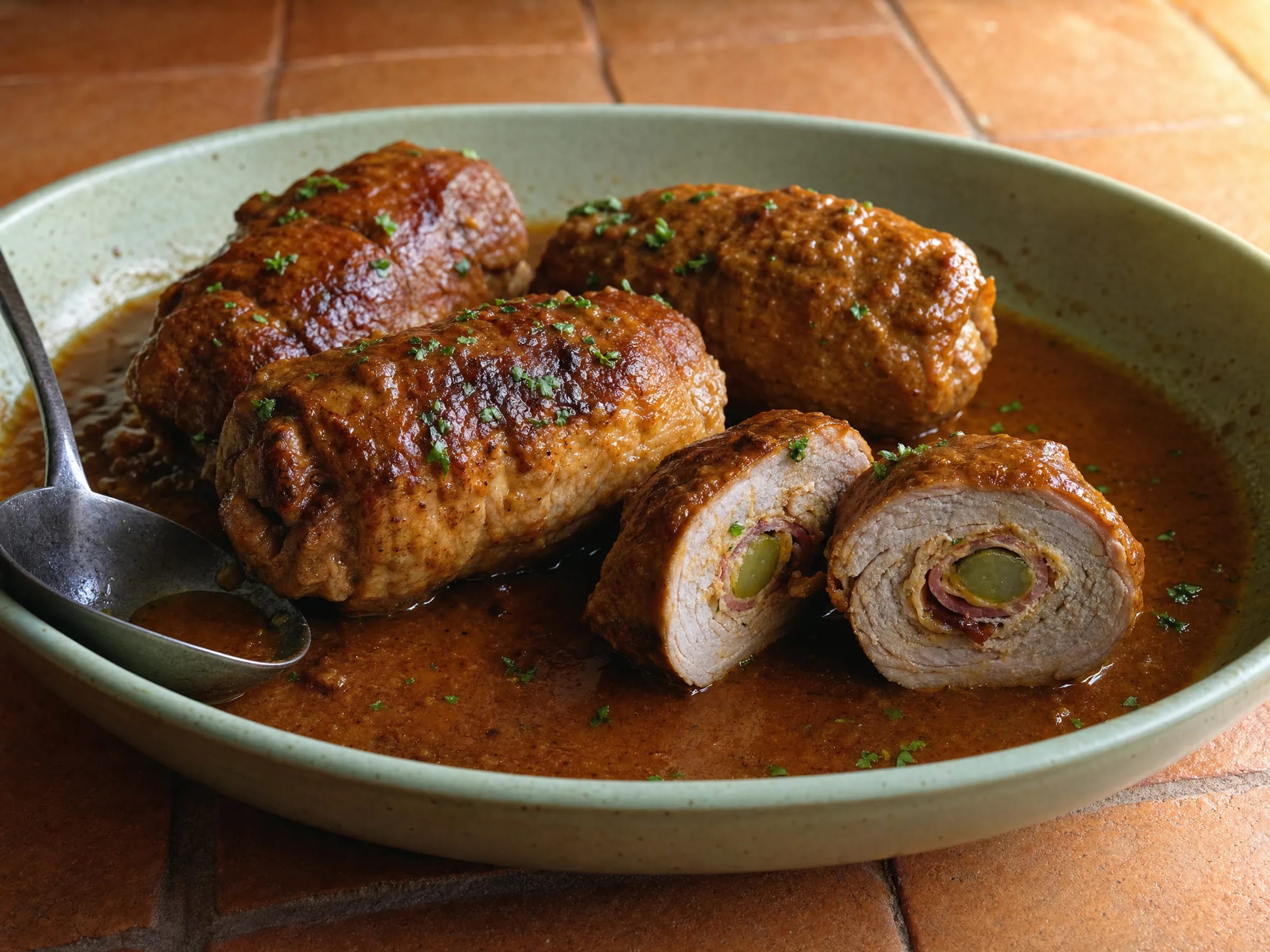 Schweinerouladen mit Senf, Speck und Gurke aus dem Backofen Rezeptfoto Schweinerouladen mit Senf, Speck und Gurke aus dem Backofen fertig angerichtet