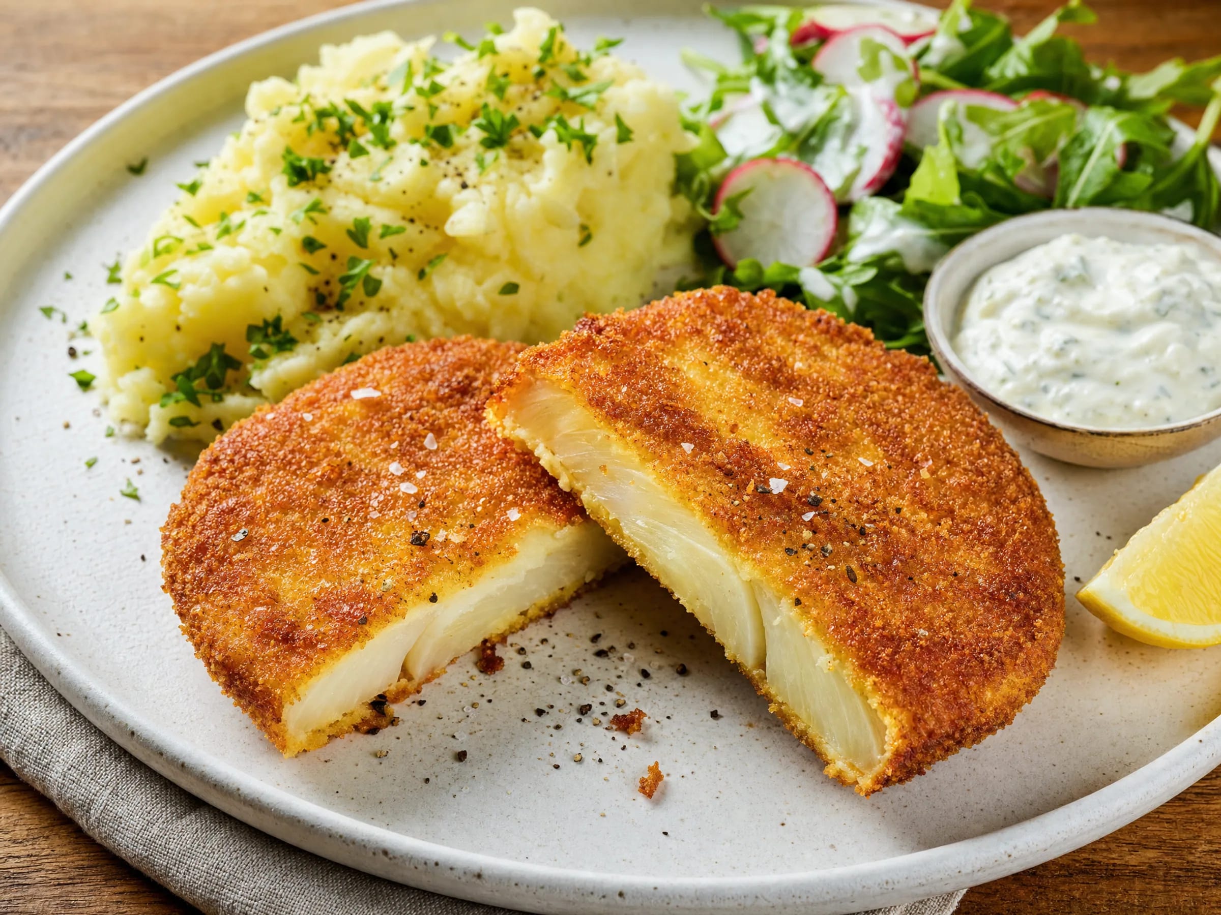 Sellerieschnitzel aus der Pfanne mit knuspriger Panade Rezeptfoto Sellerieschnitzel aus der Pfanne mit knuspriger Panade fertig angerichtet