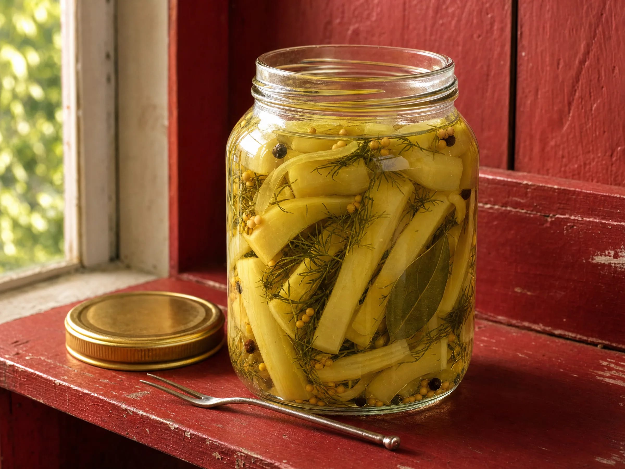 Senfgurken süß-sauer mit Dill und Senfkörnern einkochen Rezeptfoto Senfgurken süß-sauer mit Dill und Senfkörnern einkochen fertig angerichtet
