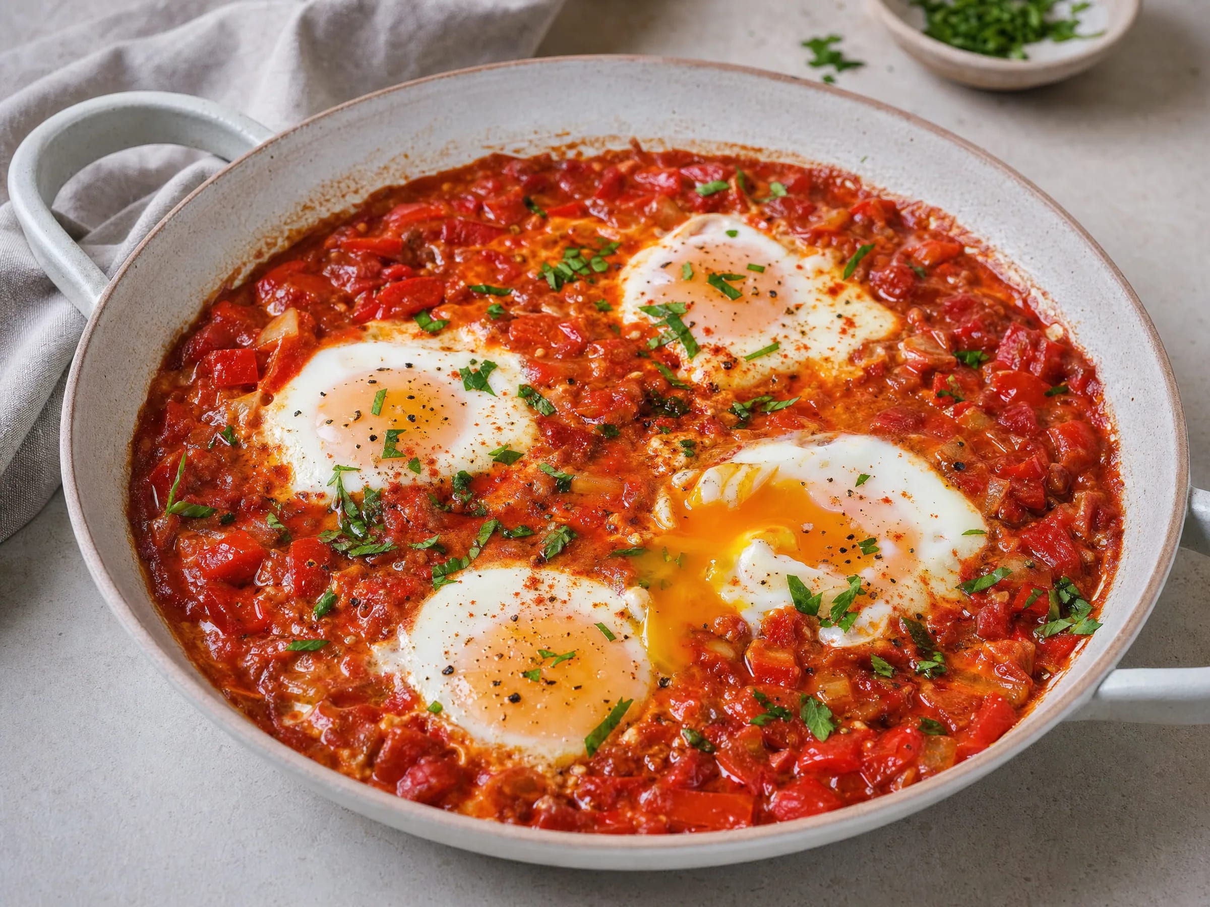 Shakshuka mit Tomaten-Paprika-Sauce und weichem Eigelb Rezeptfoto Shakshuka mit Tomaten-Paprika-Sauce und weichem Eigelb fertig angerichtet