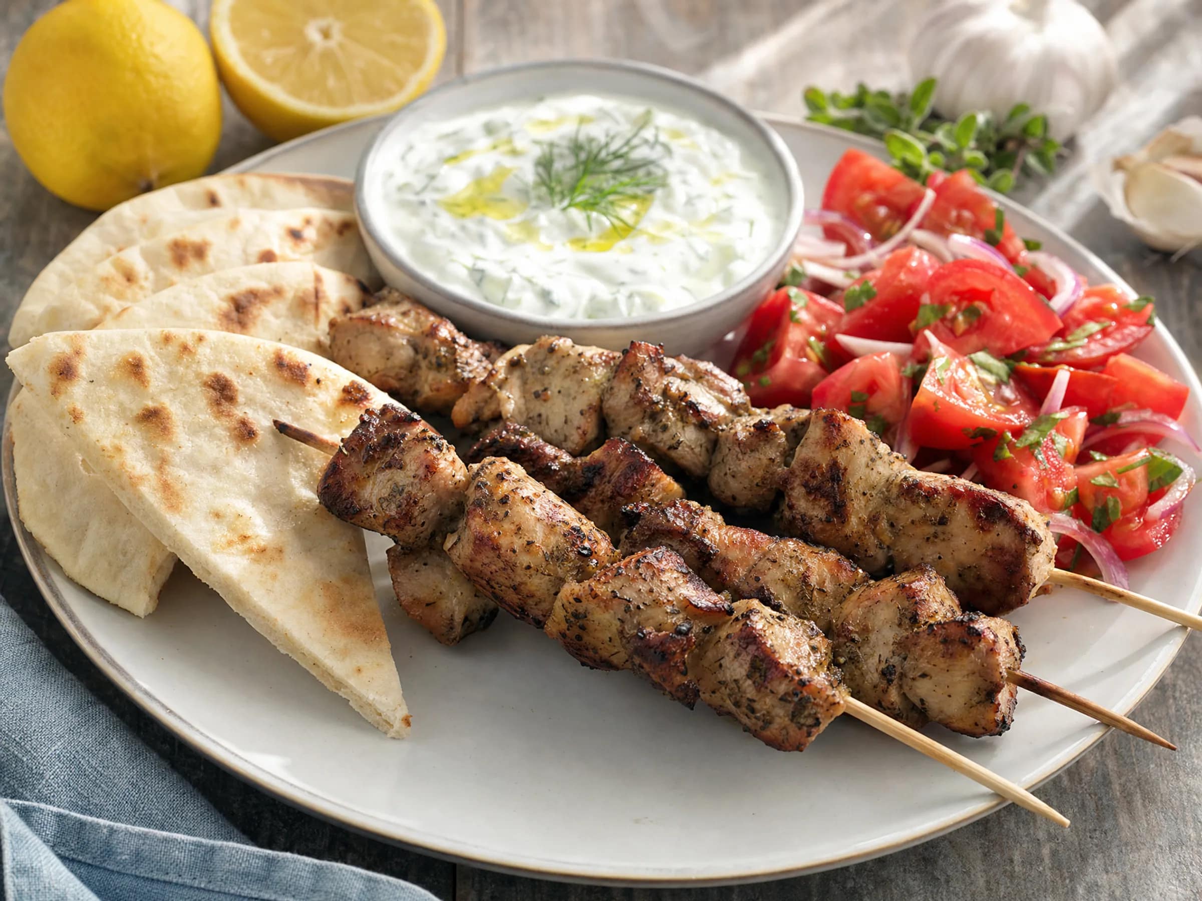 Souvlaki mit Schweinenacken und Zitronen-Oregano-Marinade