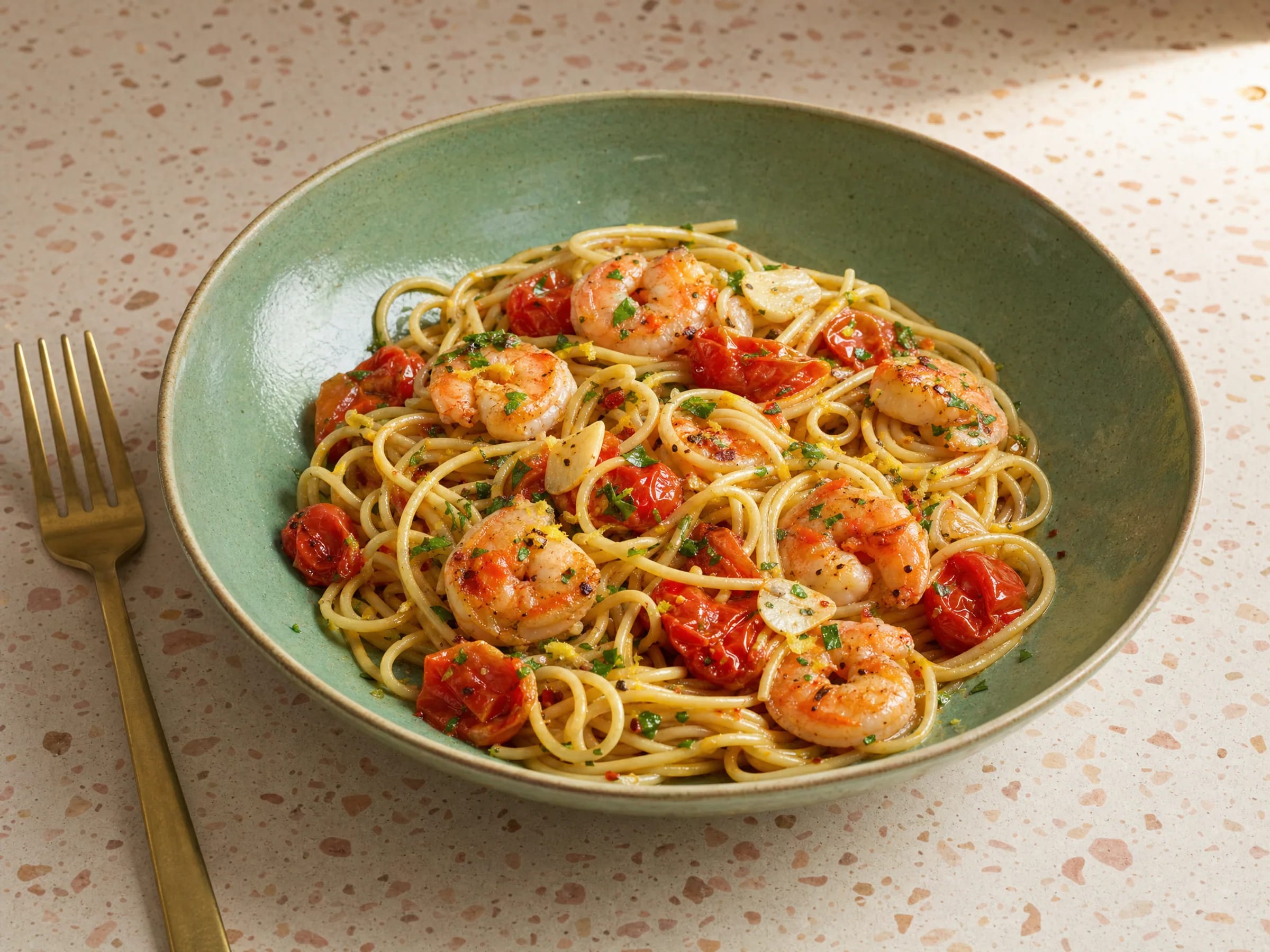Spaghetti mit Garnelen, Knoblauch und Kirschtomaten Rezeptfoto Spaghetti mit Garnelen, Knoblauch und Kirschtomaten fertig angerichtet