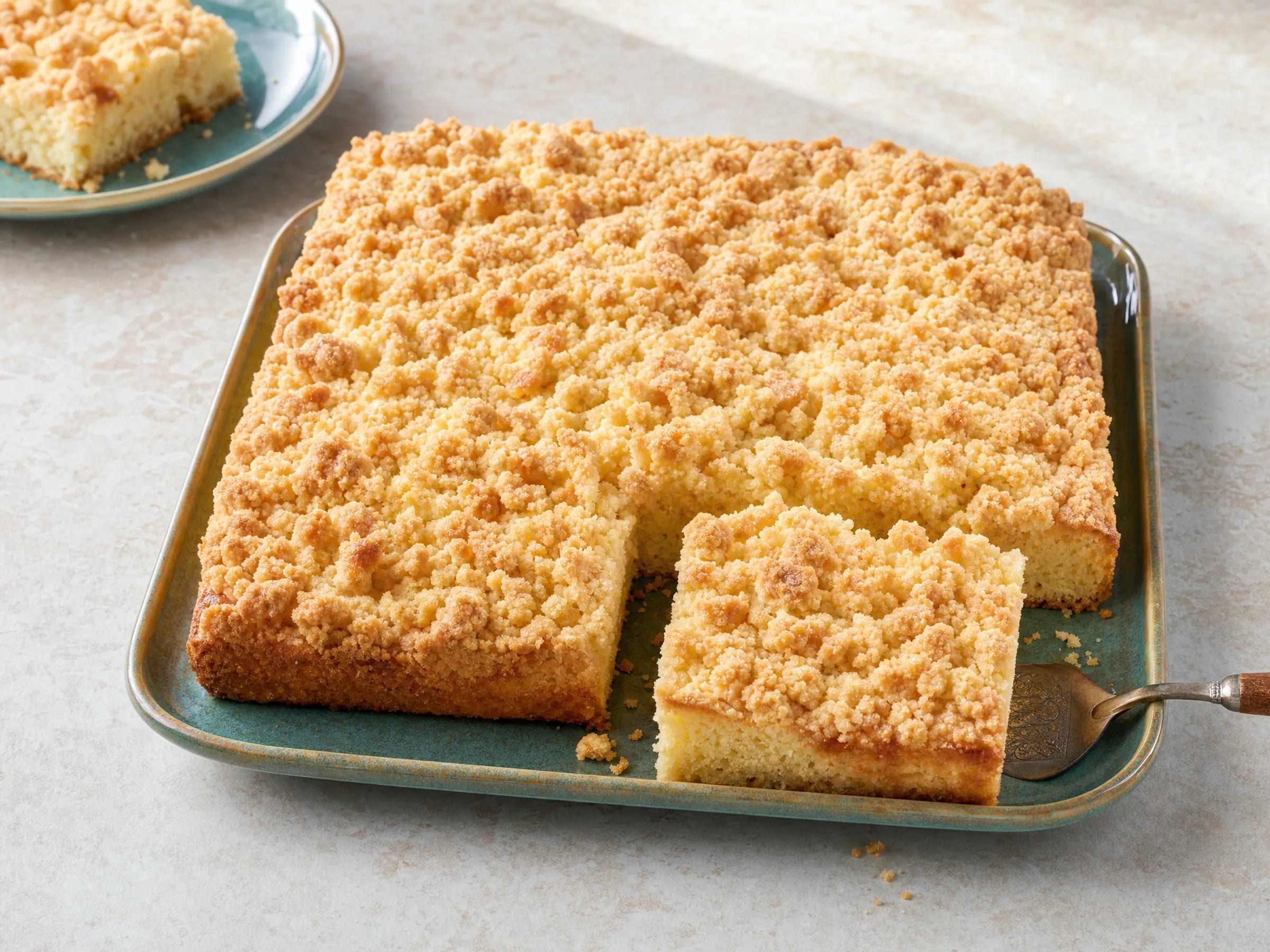Streuselkuchen vom Blech ohne Hefe mit Butterstreuseln Rezeptfoto Streuselkuchen vom Blech ohne Hefe mit Butterstreuseln fertig angerichtet