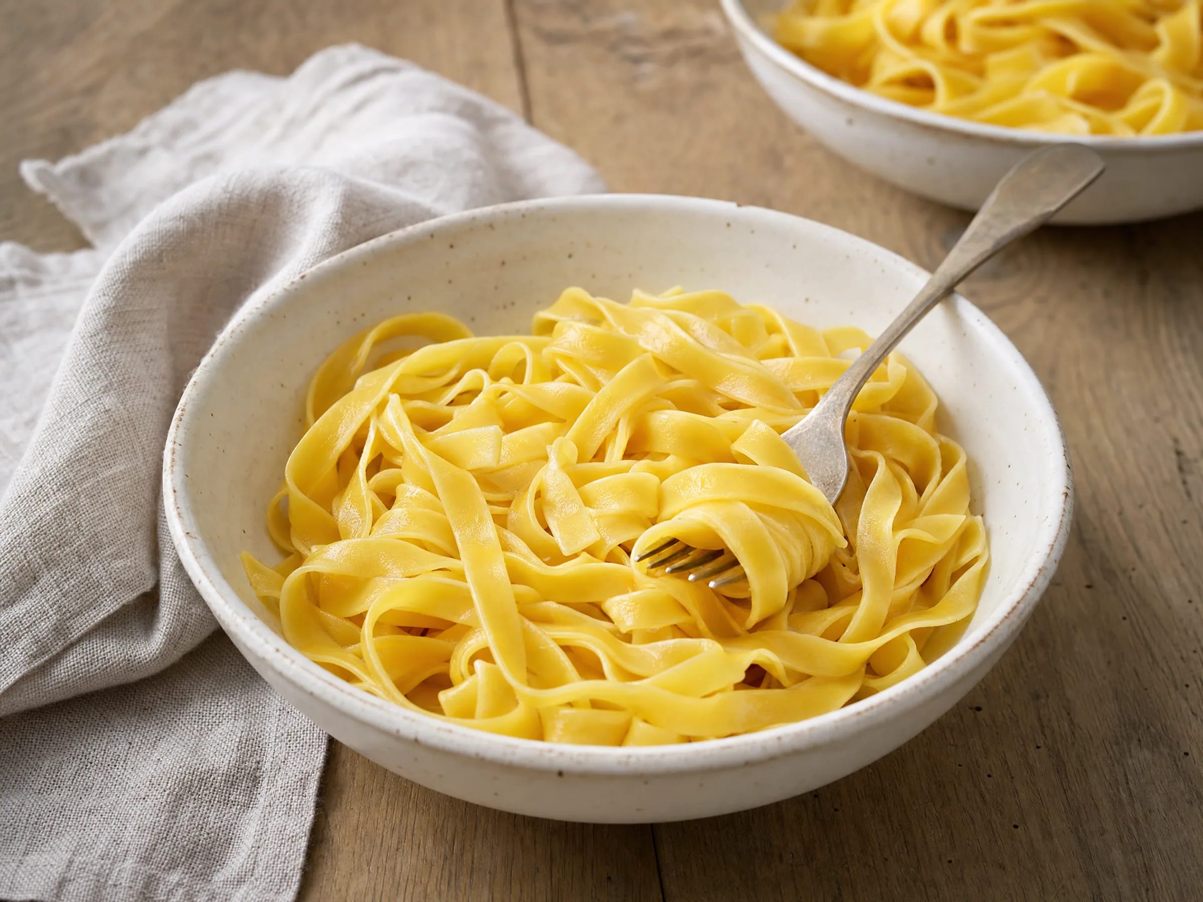 Tagliatelle selber machen – frische Eierpasta mit Nudelmaschine oder Nudelholz Rezeptfoto Tagliatelle selber machen – frische Eierpasta mit Nudelmaschine oder Nudelholz fertig angerichtet