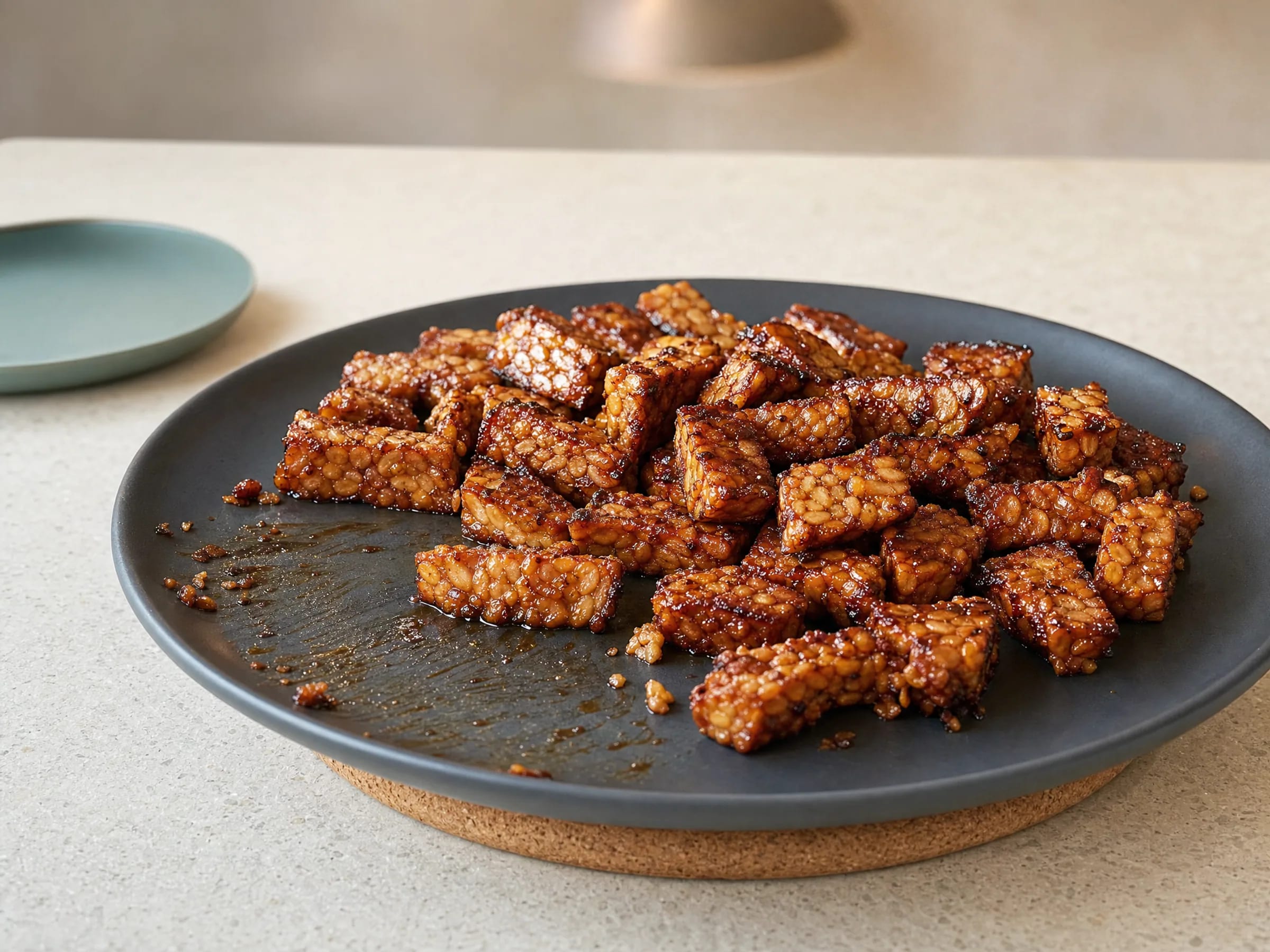 Tempeh knusprig braten und spät glasieren Rezeptfoto Tempeh knusprig braten und spät glasieren fertig angerichtet
