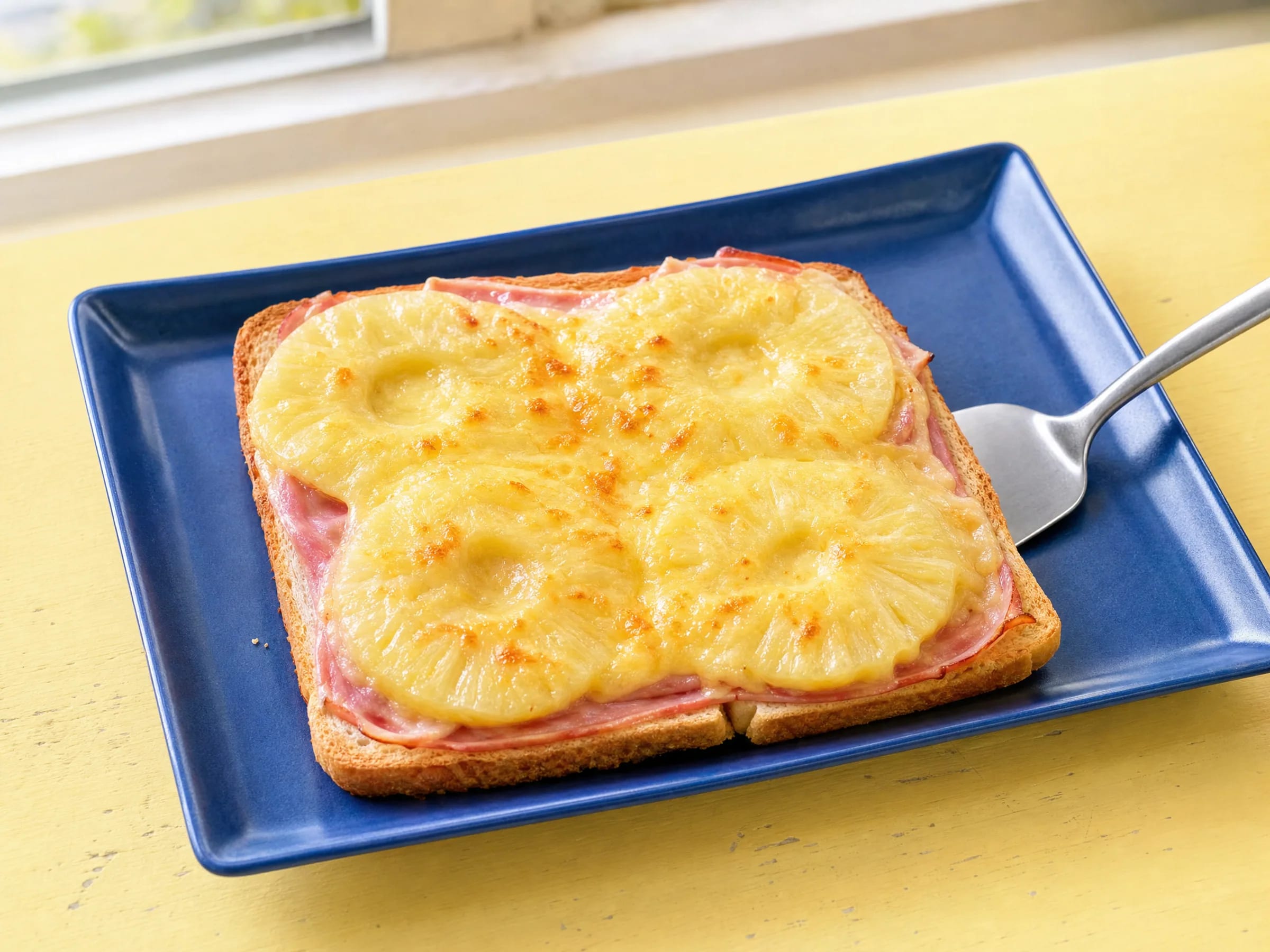 Toast Hawaii mit Schinken und Ananas aus dem Backofen Rezeptfoto Toast Hawaii mit Schinken und Ananas aus dem Backofen fertig angerichtet