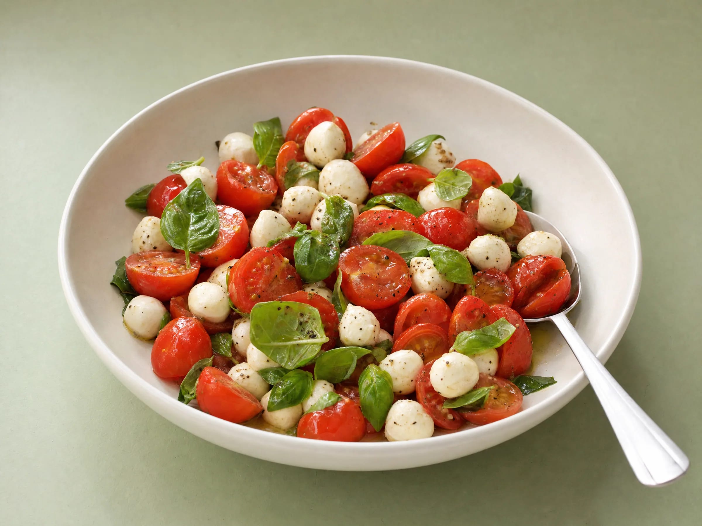 Tomate-Mozzarella-Salat mit hellem Balsamico-Dressing Rezeptfoto Tomate-Mozzarella-Salat mit hellem Balsamico-Dressing fertig angerichtet