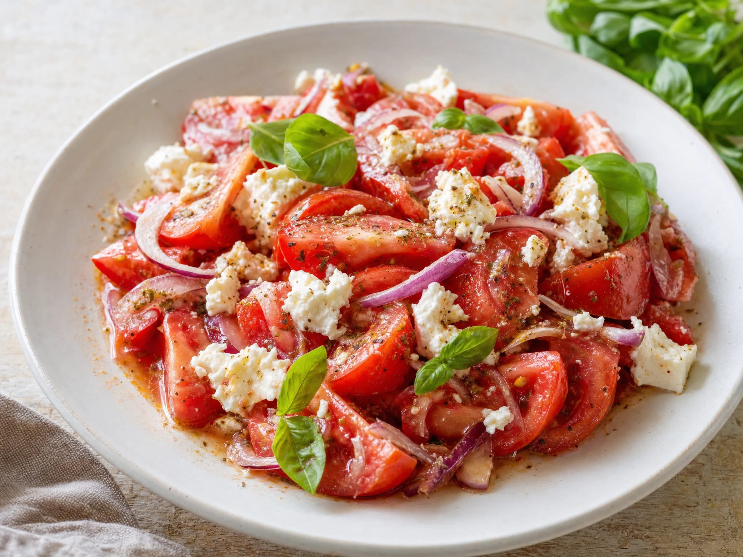 Tomatensalat mit Feta – saftig dank Tomatensaft-Dressing Rezeptfoto Tomatensalat mit Feta – saftig dank Tomatensaft-Dressing fertig angerichtet