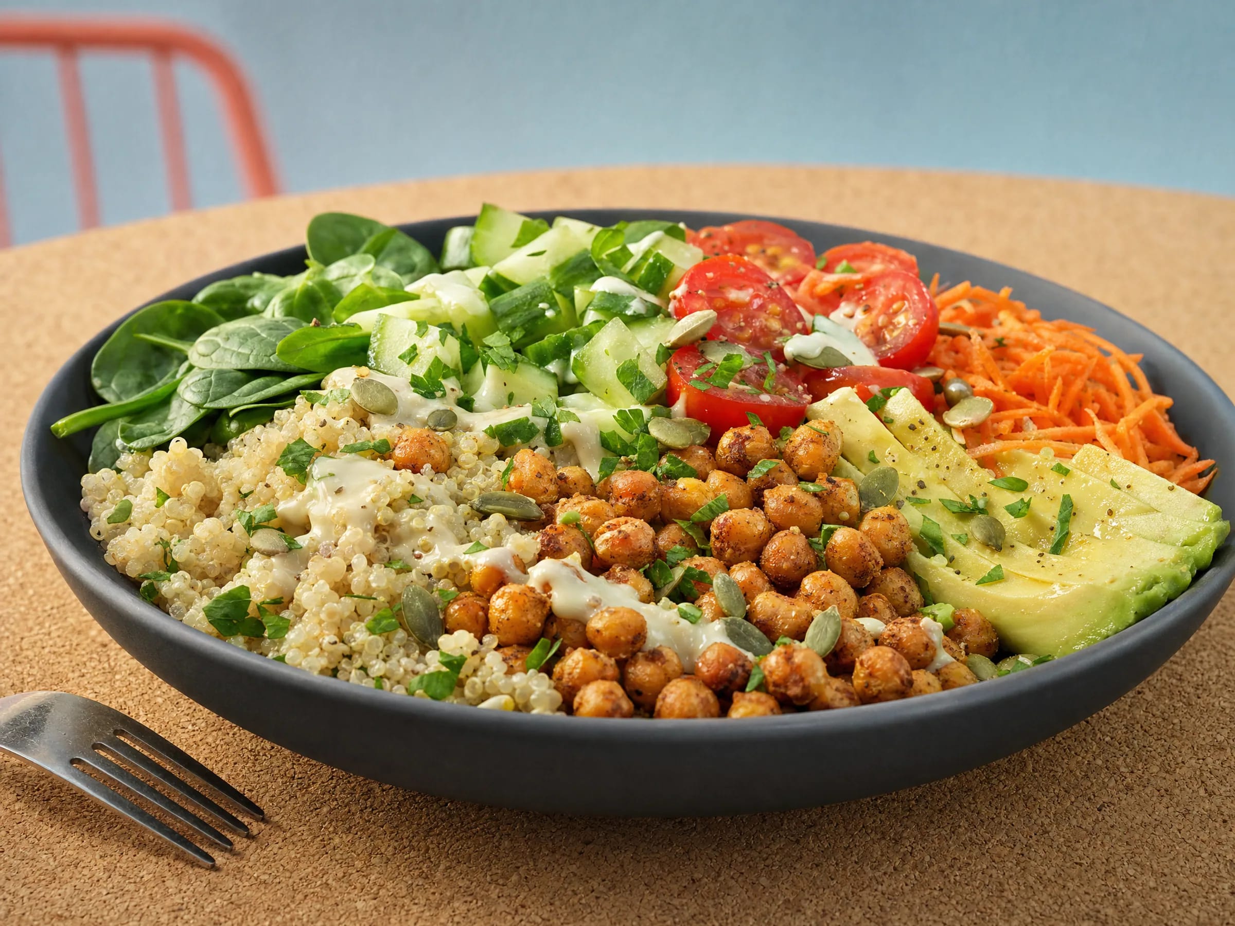 Buddha Bowl mit Quinoa und Kichererbsen Rezeptfoto Buddha Bowl mit Quinoa und Kichererbsen fertig angerichtet
