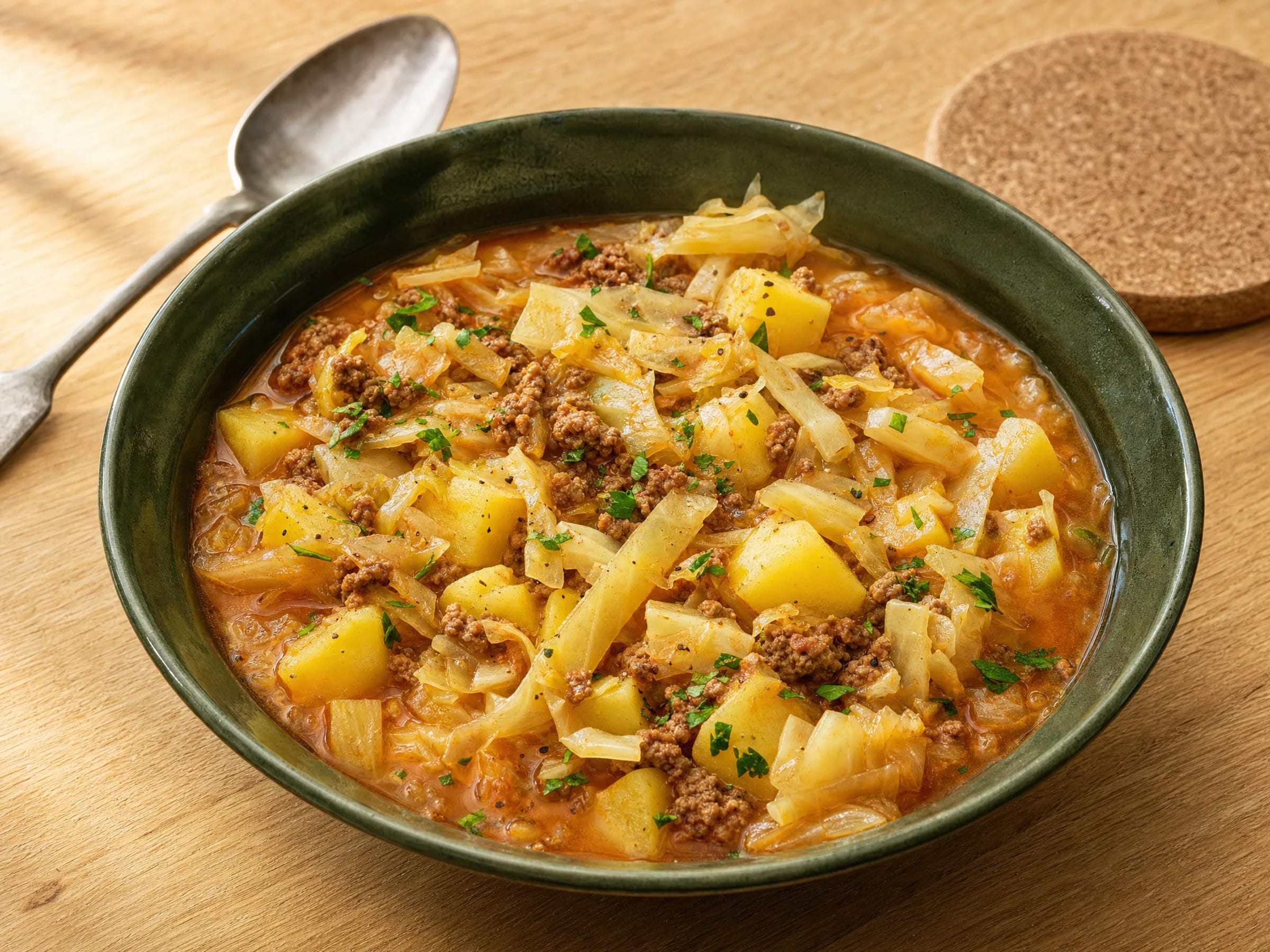 Weißkohleintopf mit Hackfleisch und Kartoffeln – klassisch stückig Rezeptfoto Weißkohleintopf mit Hackfleisch und Kartoffeln – klassisch stückig fertig angerichtet