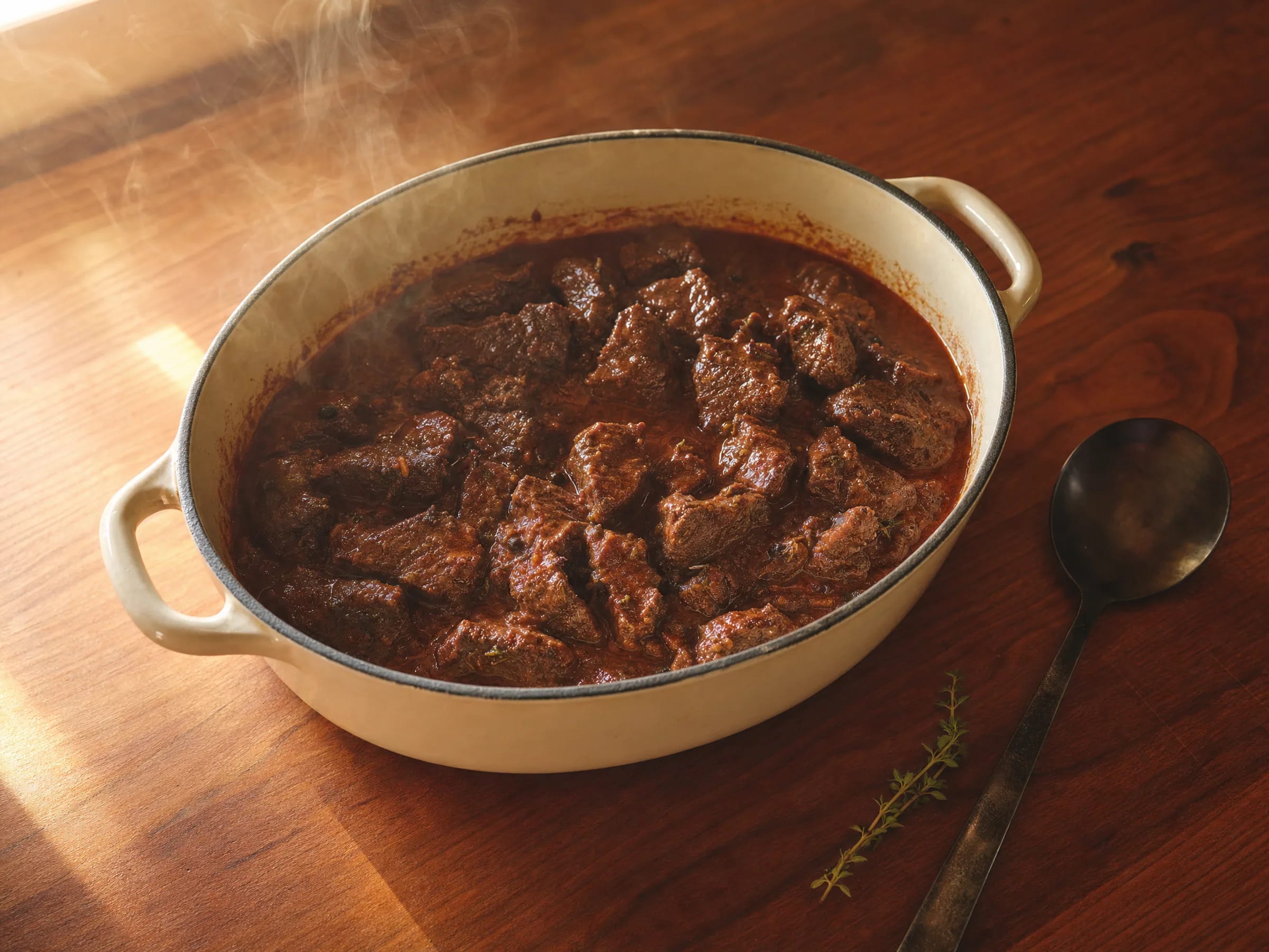 Wildschweingulasch mit Rotwein und Wacholder aus dem Schmortopf Rezeptfoto Wildschweingulasch mit Rotwein und Wacholder aus dem Schmortopf fertig angerichtet