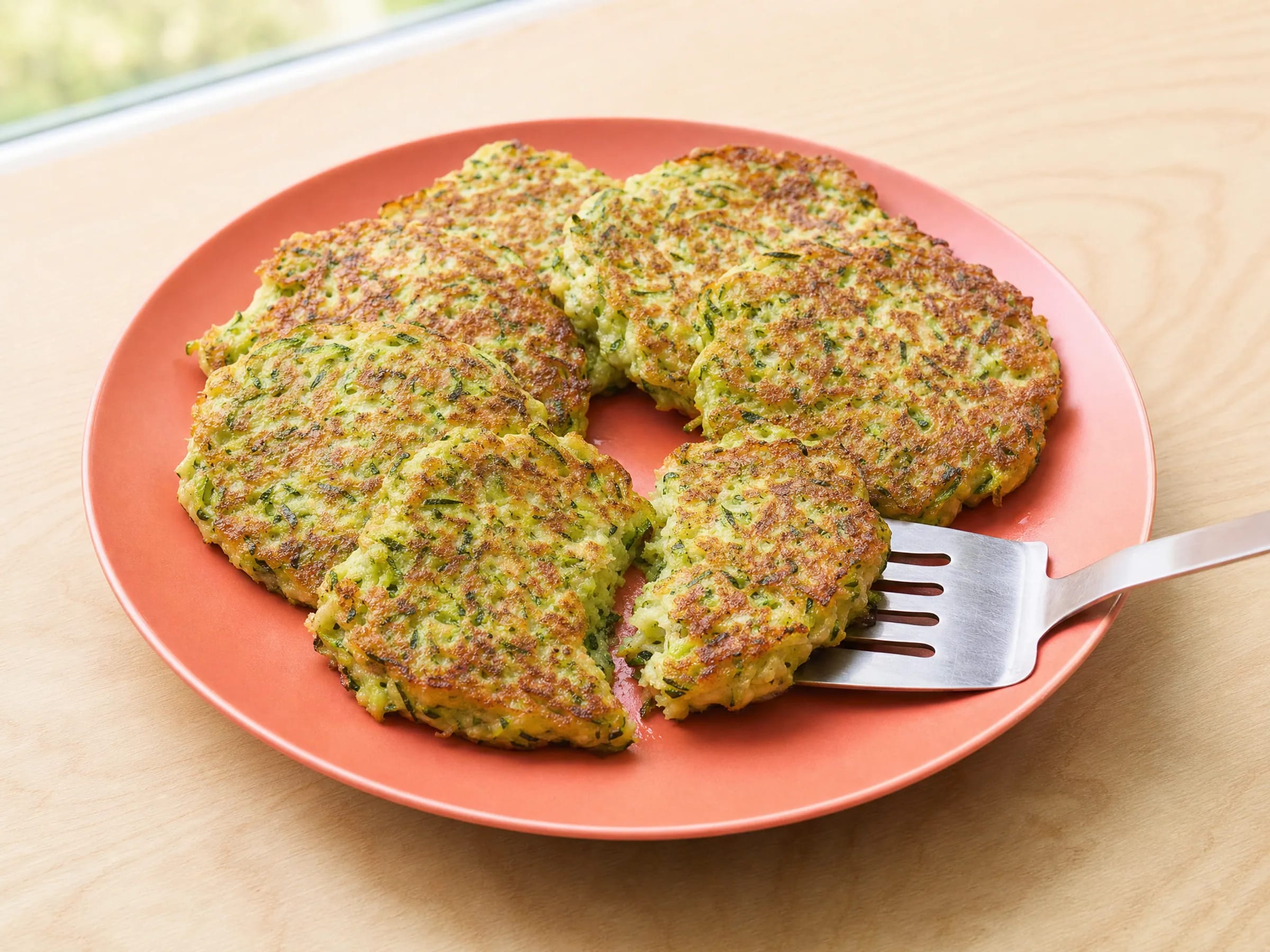 Zucchinipuffer aus der Pfanne ohne Kartoffeln Rezeptfoto Zucchinipuffer aus der Pfanne ohne Kartoffeln fertig angerichtet