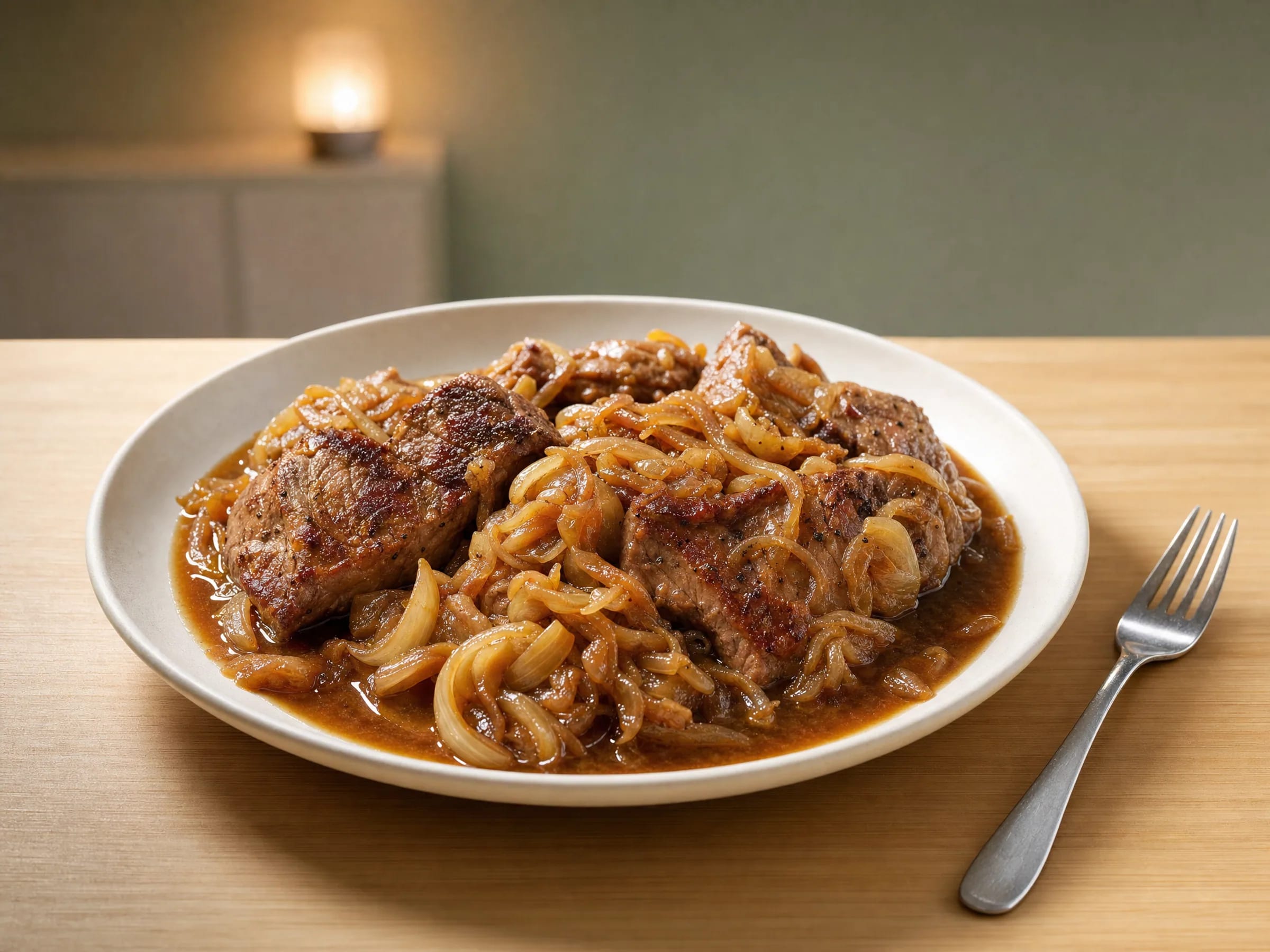 Zwiebelfleisch aus dem Backofen mit Schweinenacken Rezeptfoto Zwiebelfleisch aus dem Backofen mit Schweinenacken fertig angerichtet