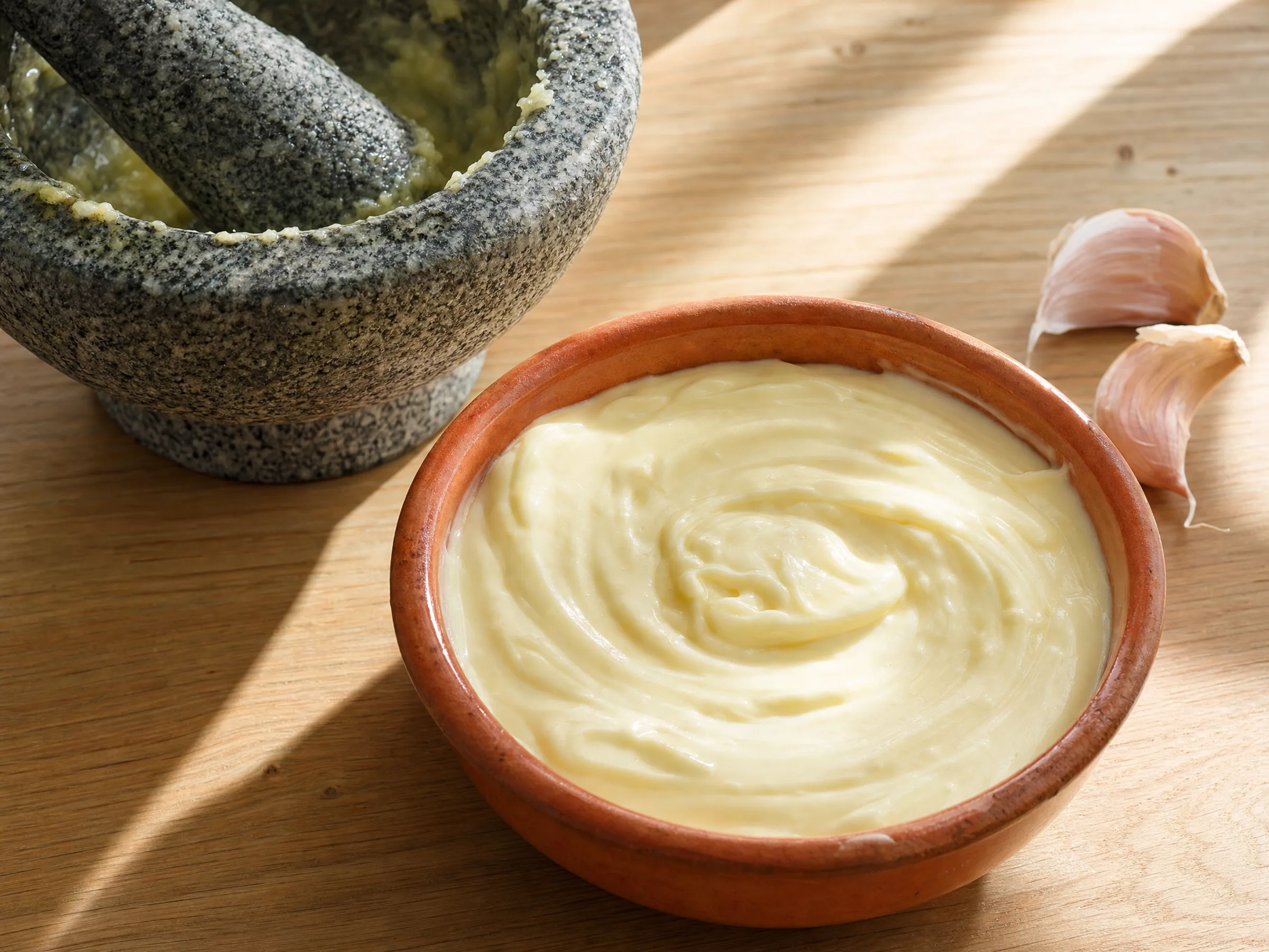 Aioli ohne Ei im Mörser