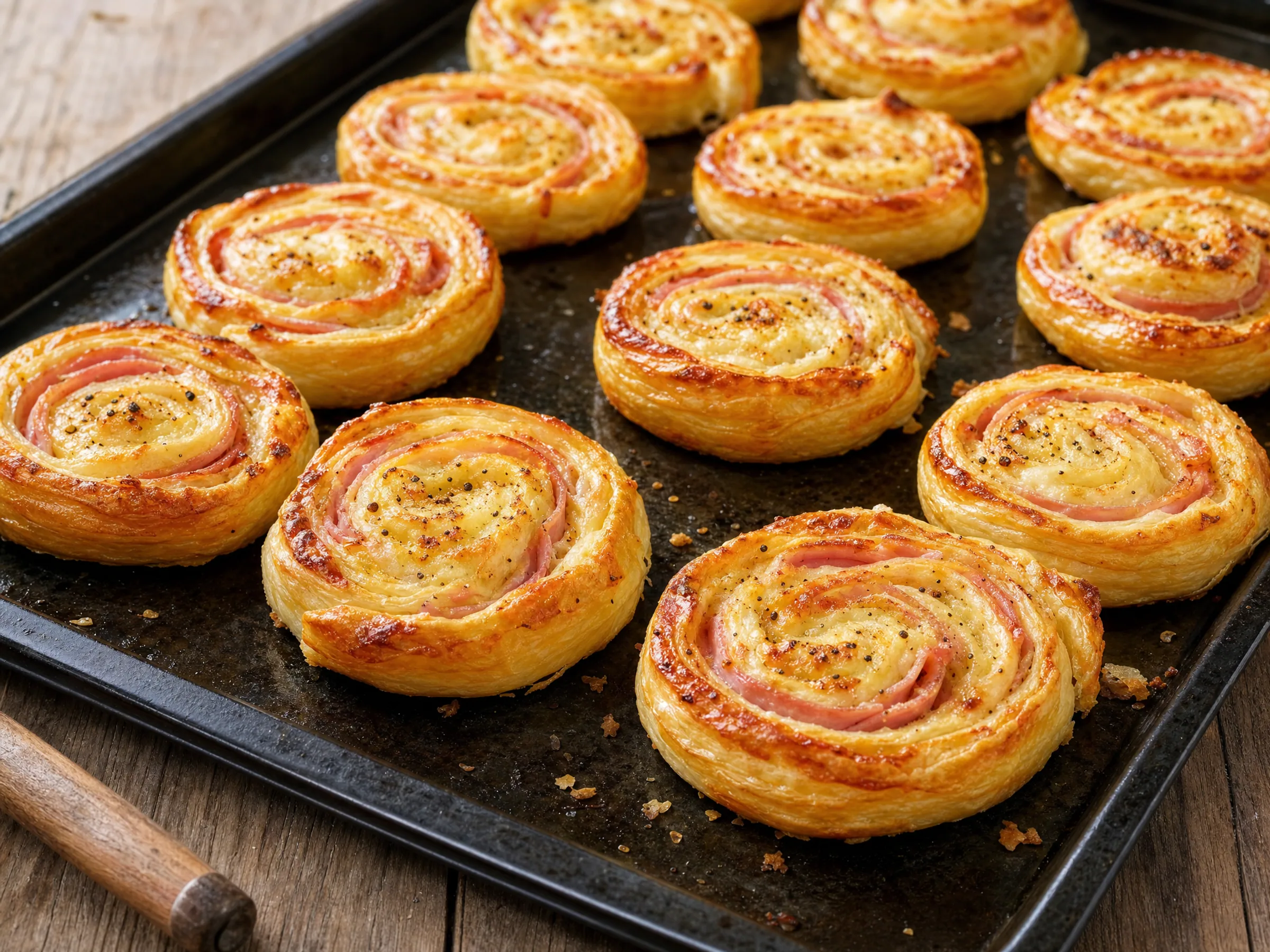 Blätterteigschnecken mit Schinken und Käse – sauber gerollt