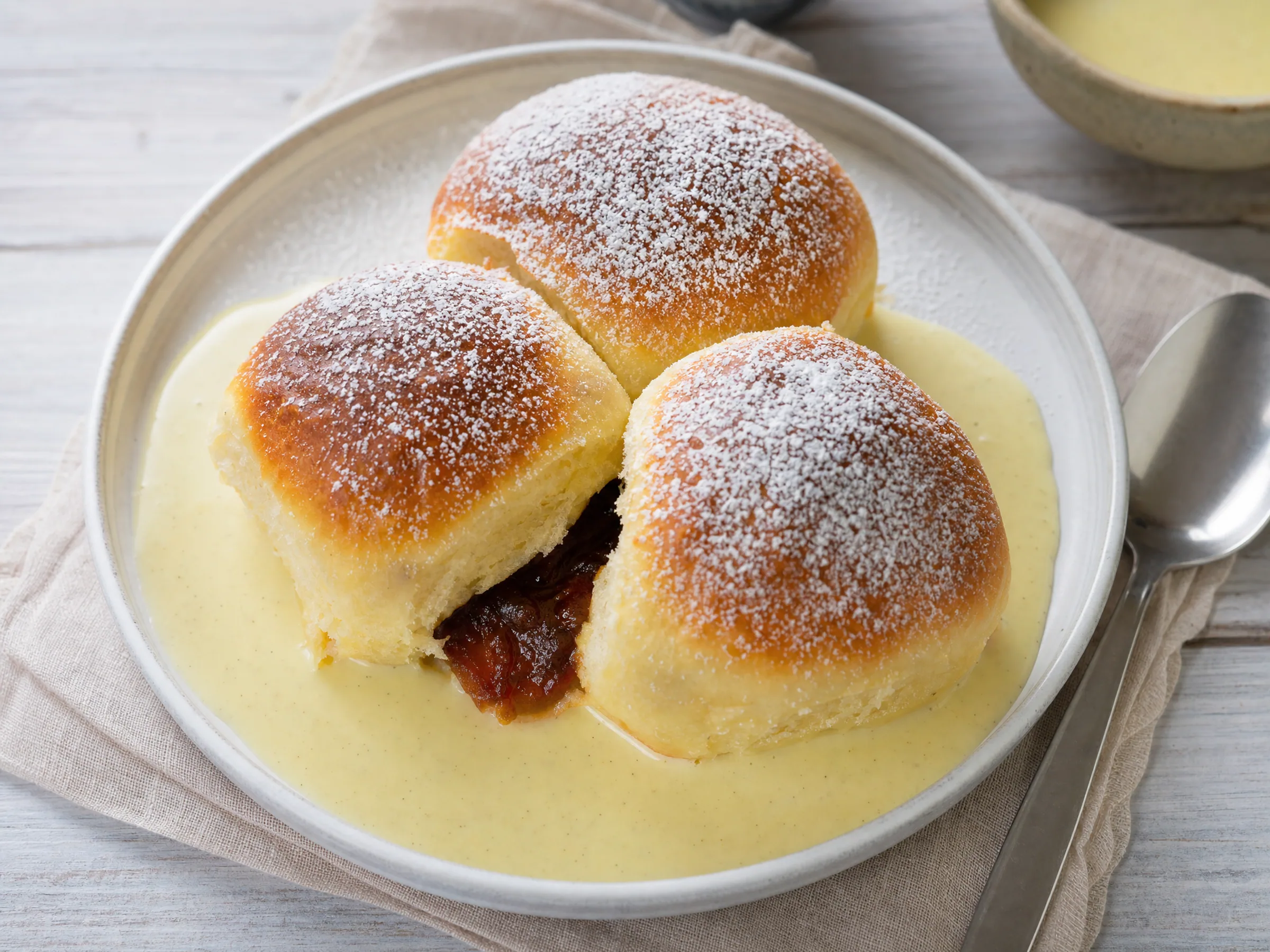 Buchteln mit Pflaumenmus und Vanillesauce – fluffig aus dem Ofen