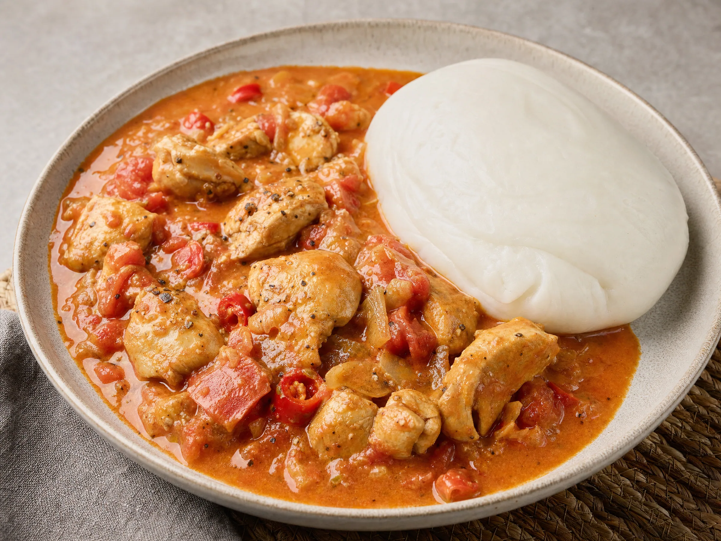 Fufu mit cremiger Erdnuss-Hähnchensoße – glatt und formbar