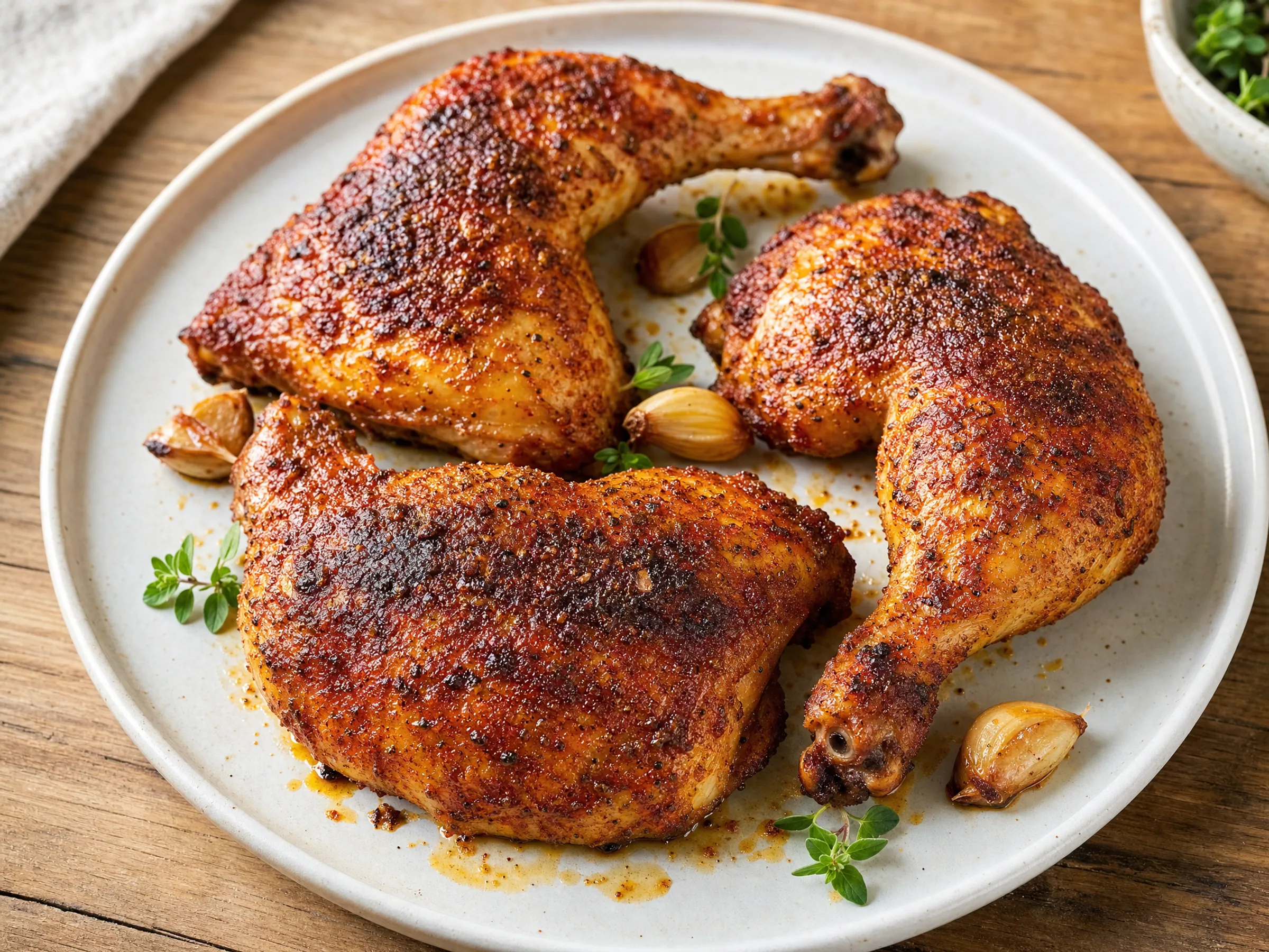 Hähnchenschenkel im Backofen – knusprig mit Paprika-Knoblauch-Würzung