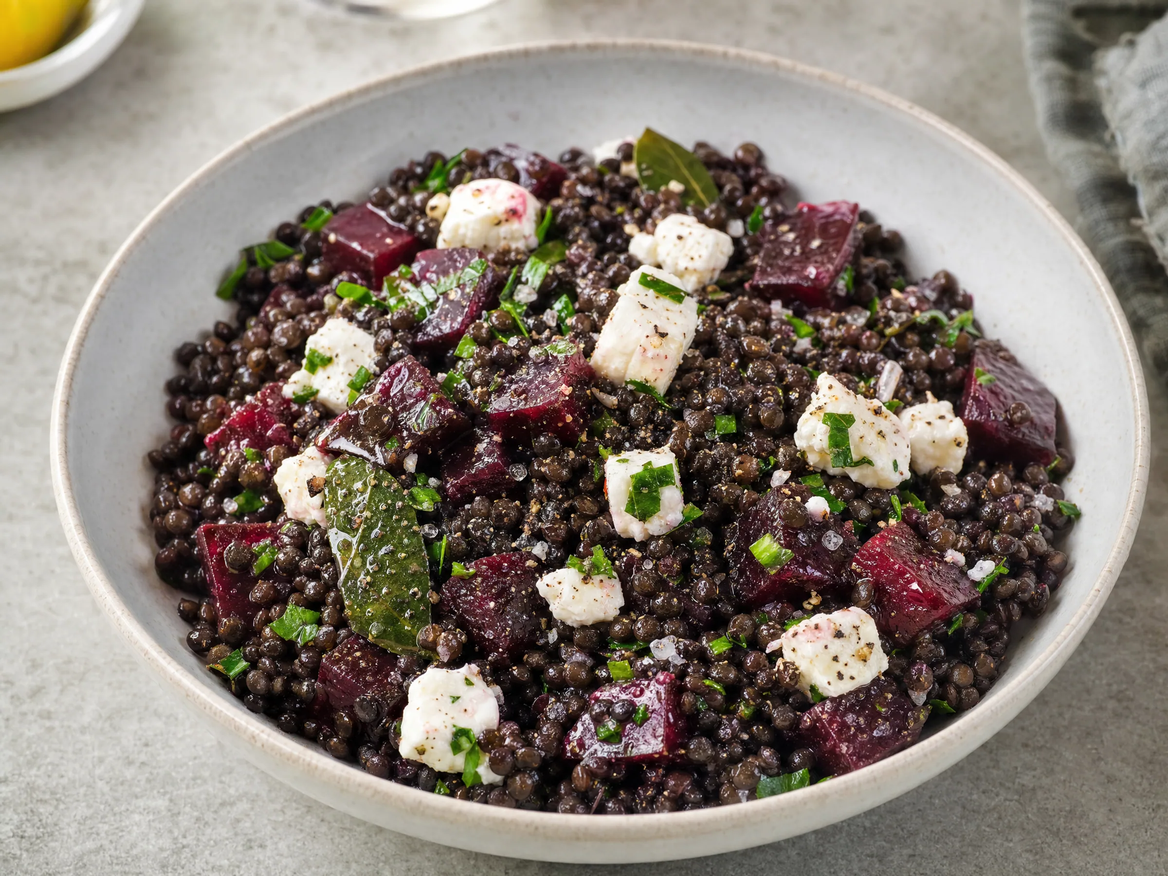 Kerniger Linsensalat mit Belugalinsen, Feta und Roter Bete