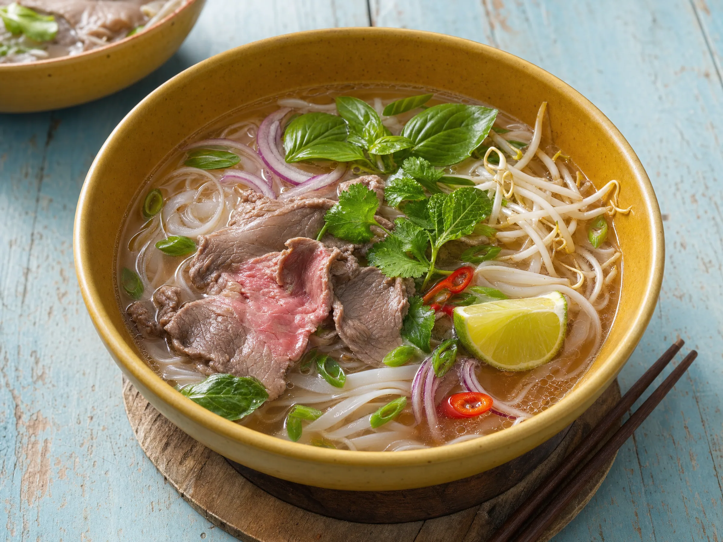 Pho Bò mit Rindfleisch und klarer Gewürzbrühe