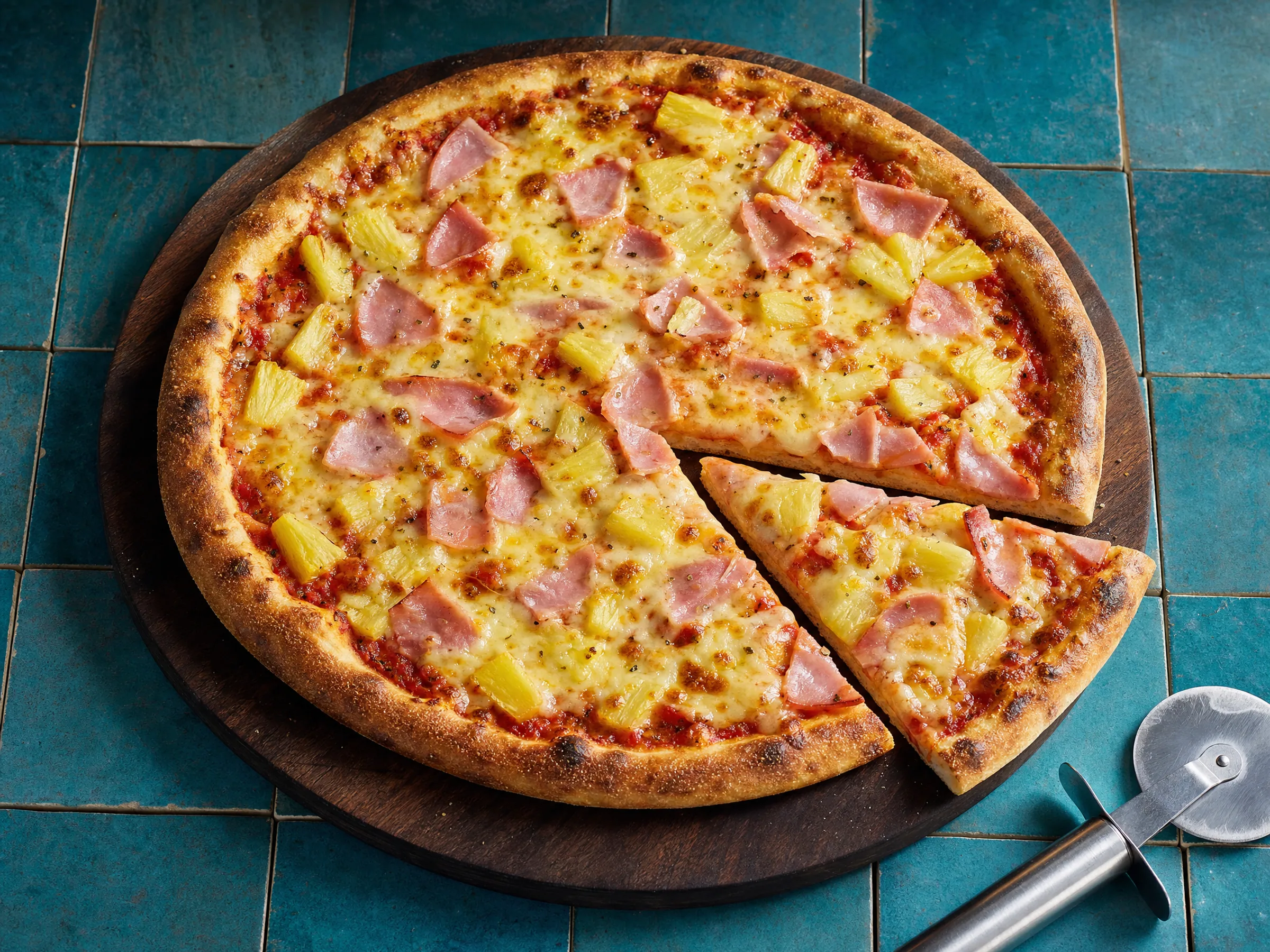Pizza Hawaii mit Schinken und Ananas aus dem heißen Ofen