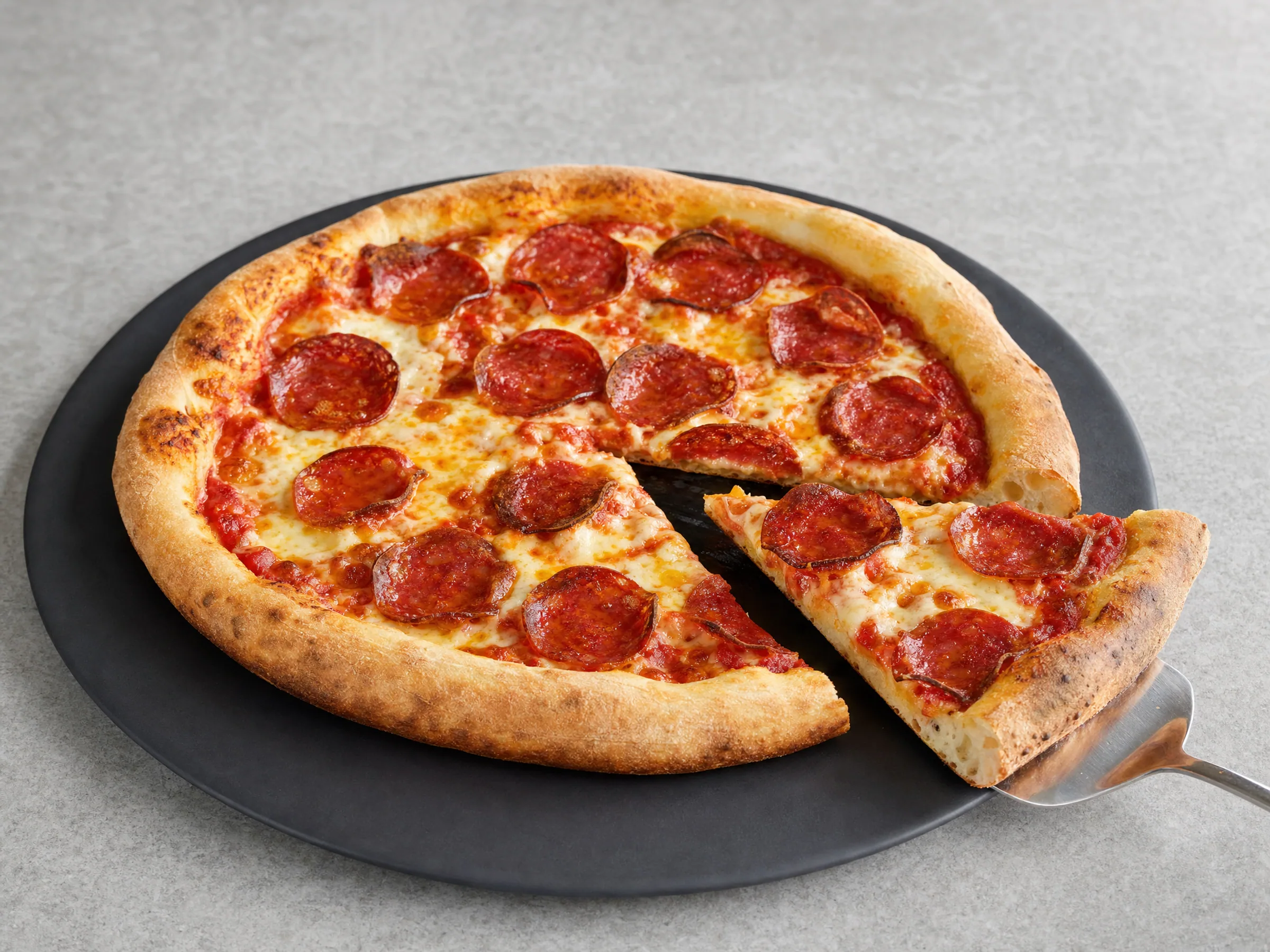 Pizza Salami aus dem Backofen mit luftigem Rand