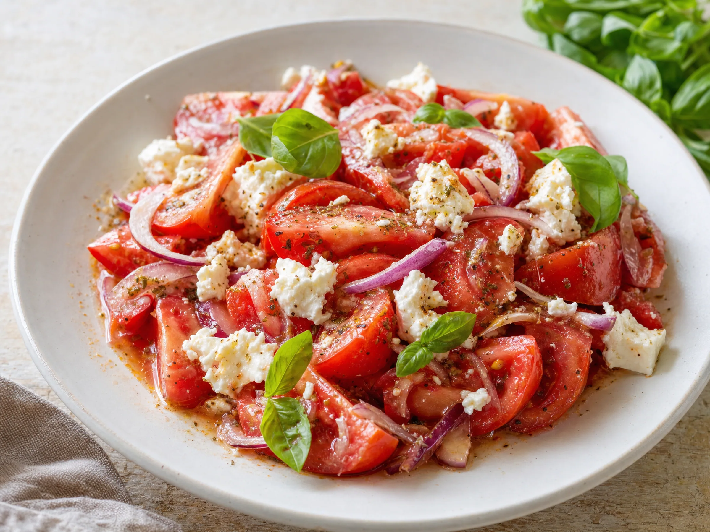 Tomatensalat mit Feta – saftig dank Tomatensaft-Dressing