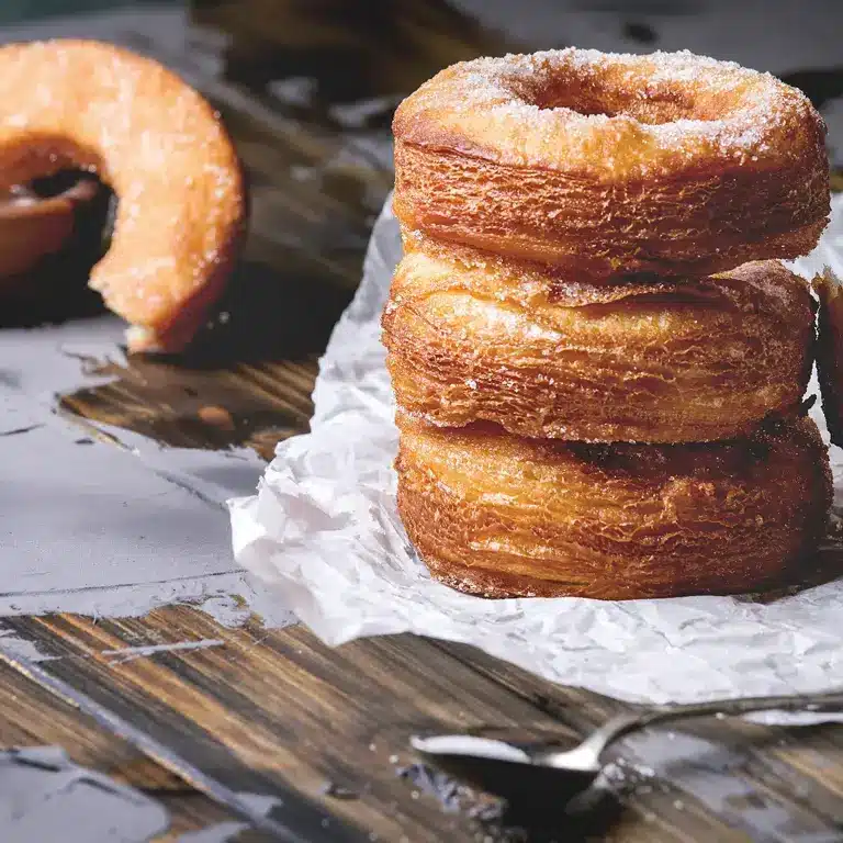 Stapel von drei Cronuts, neben einem halb gegessenen Cronut auf einem rustikalen Holzbrett.