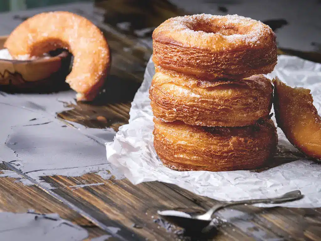 Stapel von drei Cronuts, neben einem halb gegessenen Cronut auf einem rustikalen Holzbrett.