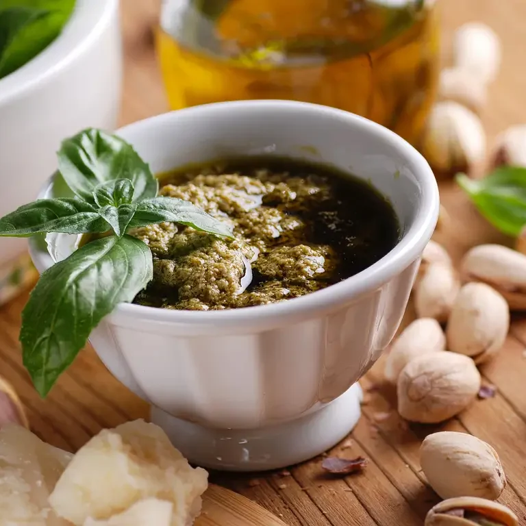 Schüssel mit frischem Basilikum-Pesto, umgeben von Parmesan, Knoblauch und Pistazien