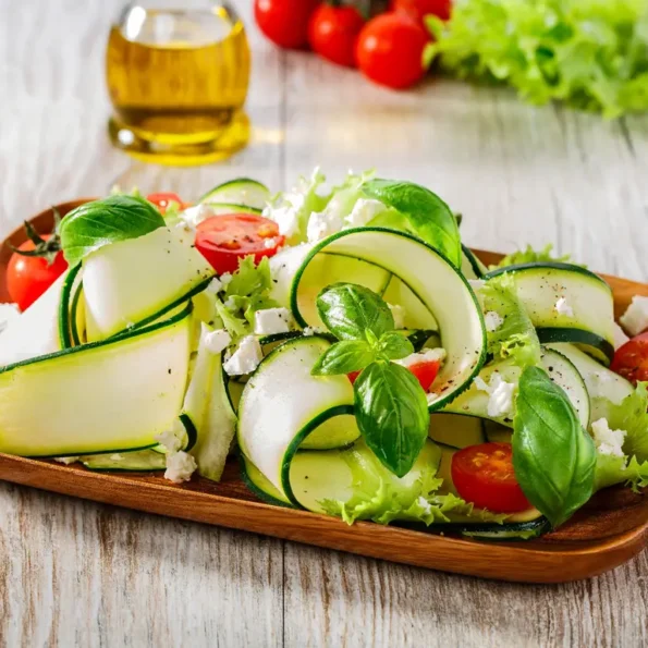 Frischer Zucchini-Salat mit Kirschtomaten, Feta und Basilikum auf einem Holzteller