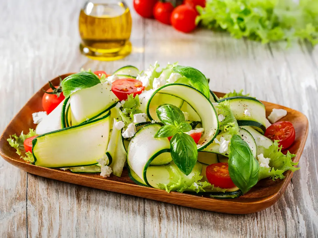 Frischer Zucchini-Salat mit Kirschtomaten, Feta und Basilikum auf einem Holzteller