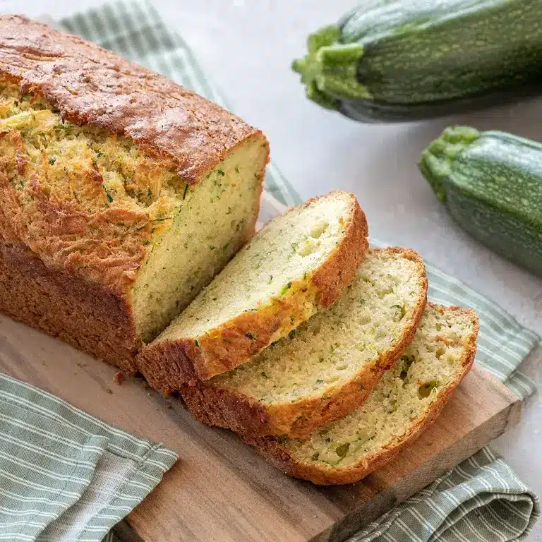 Ein frisch gebackenes Zucchinibrot, das auf einem Holzbrett liegt, mit mehreren geschnittenen Scheiben und Zucchini im Hintergrund.