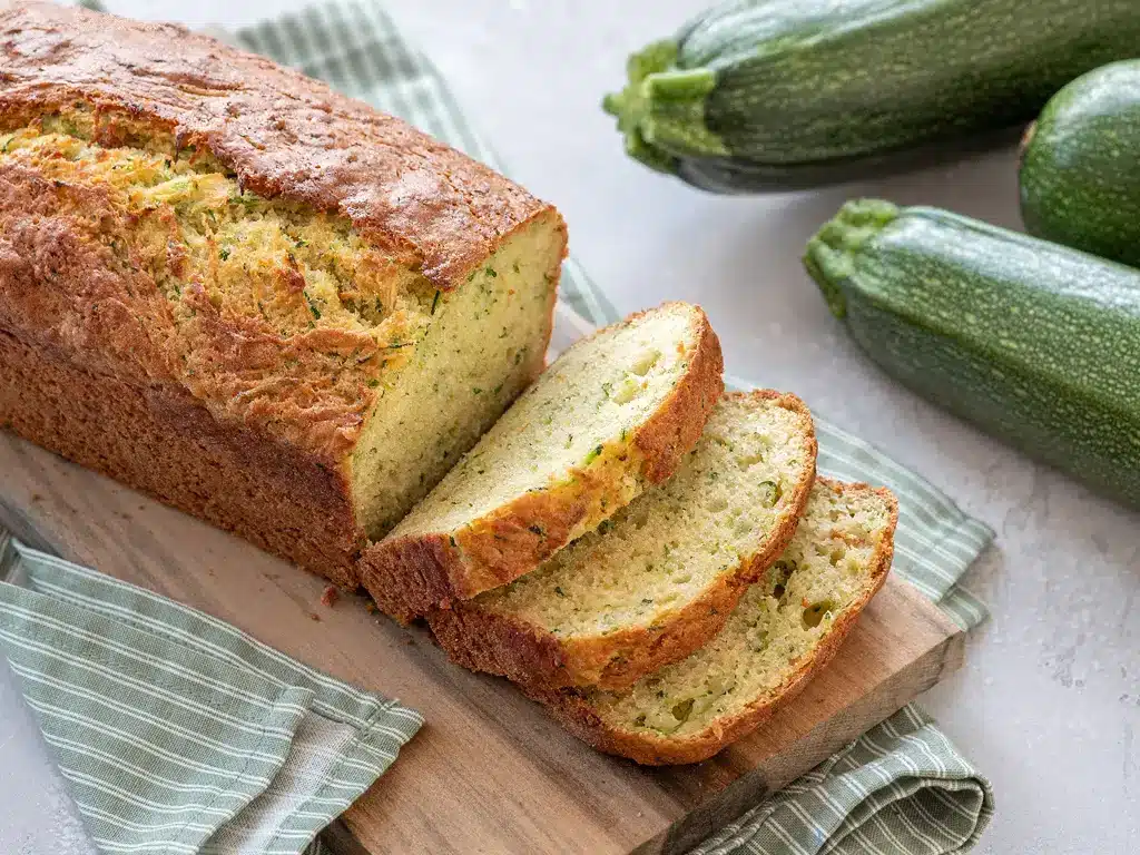 Ein frisch gebackenes Zucchinibrot, das auf einem Holzbrett liegt, mit mehreren geschnittenen Scheiben und Zucchini im Hintergrund.