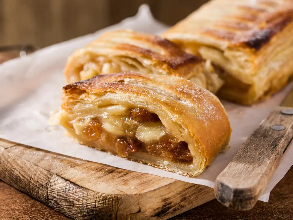 Ein Stück traditioneller Apfelstrudel mit einer goldbraunen Kruste, gefüllt mit Äpfeln und Rosinen, auf einem Holzbrett.