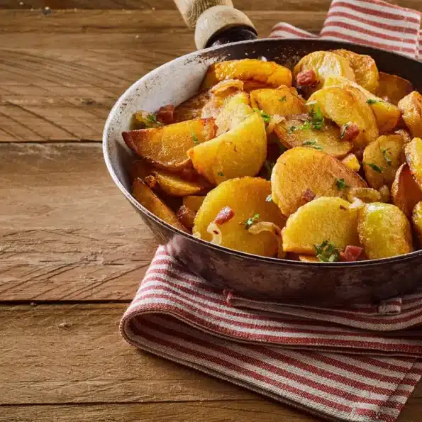 Eine Pfanne mit knusprigen Bratkartoffeln, gewürzt mit Speckstückchen und frischen Kräutern, auf einem rot-weißen Geschirrtuch.