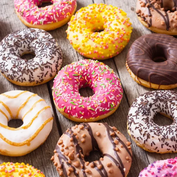 Bunte, glasierte Donuts mit verschiedenen Streuseln auf einem Holztisch