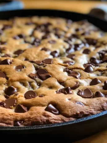 Ein frisch gebackener Chocolate Chip Cookie in einer schwarzen gusseisernen Pfanne.