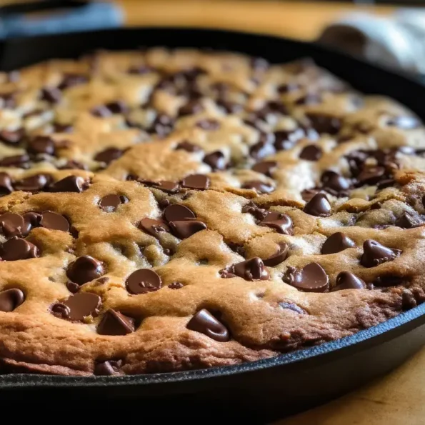 Ein frisch gebackener Chocolate Chip Cookie in einer schwarzen gusseisernen Pfanne.