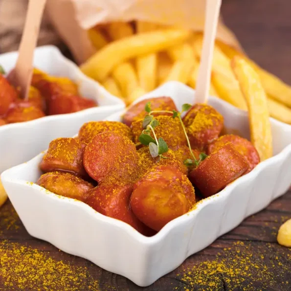 Zwei Schalen mit Currywurst, garniert mit Currypulver und serviert mit Pommes frites im Hintergrund.