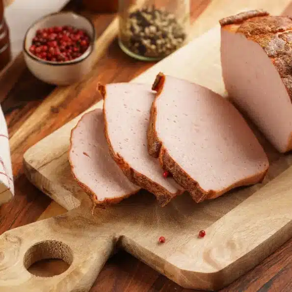 Geschnittener Leberkäse auf einem Holzbrett, umgeben von Gewürzen