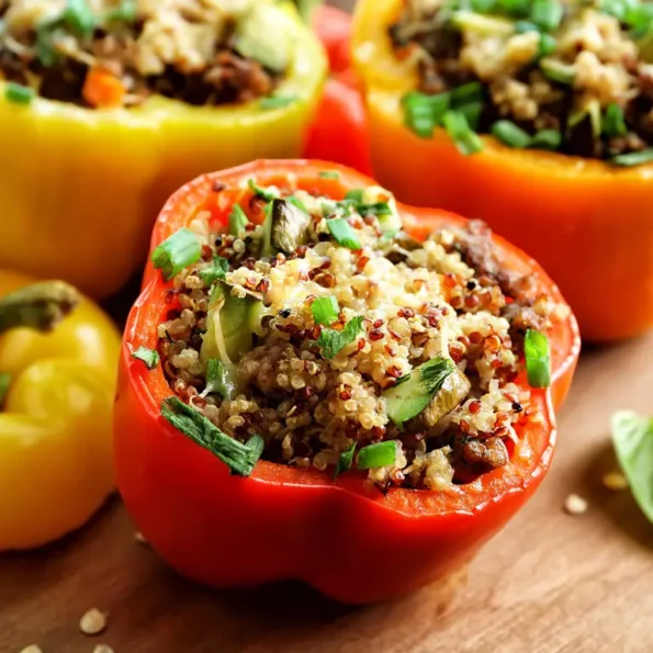 Gefüllte rote und gelbe Paprika mit Quinoa und Gemüse auf einem Holzbrett