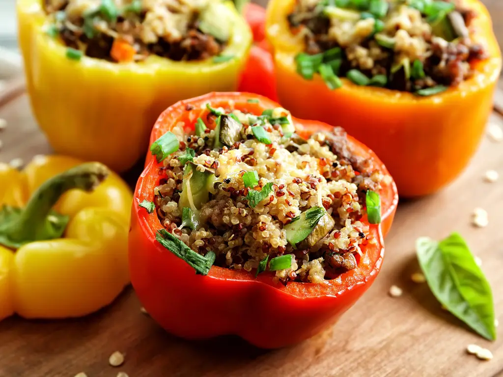 Gefüllte rote und gelbe Paprika mit Quinoa und Gemüse auf einem Holzbrett