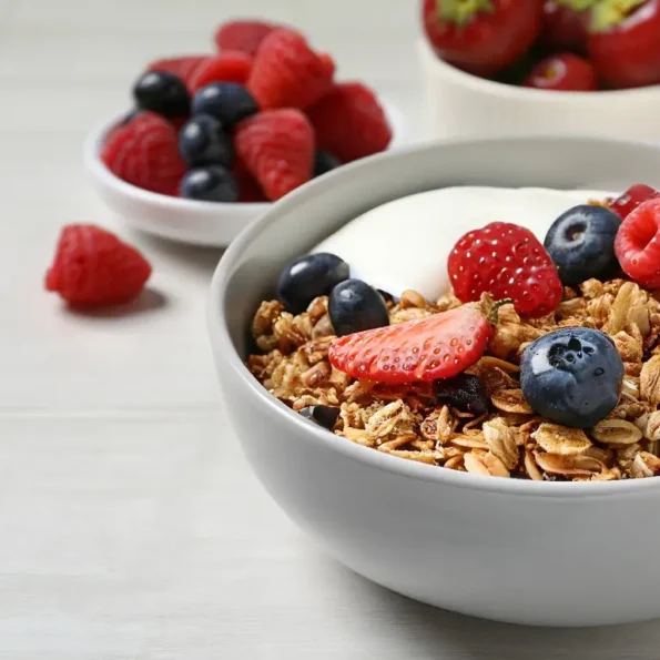 Eine Schale mit cremigem Joghurt, knusprigem Granola und frischen Beeren wie Erdbeeren, Blaubeeren und Himbeeren.