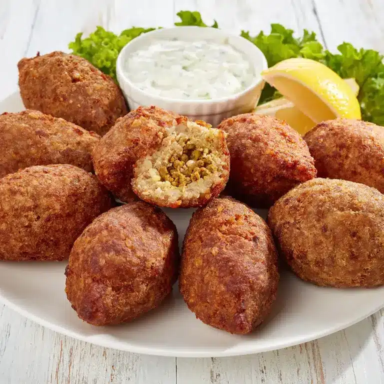 Ein Teller mit mehreren gebratenen Kibbeh, einer geöffnet, um die Füllung zu zeigen, daneben eine Schale mit Joghurt-Dip und Zitronenscheiben.