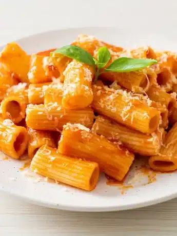 Ein Teller mit Rigatoni in einer reichhaltigen Tomatensauce, garniert mit geriebenem Parmesan und Basilikumblättern.