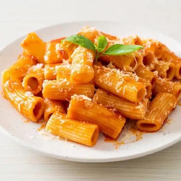 Ein Teller mit Rigatoni in einer reichhaltigen Tomatensauce, garniert mit geriebenem Parmesan und Basilikumblättern.