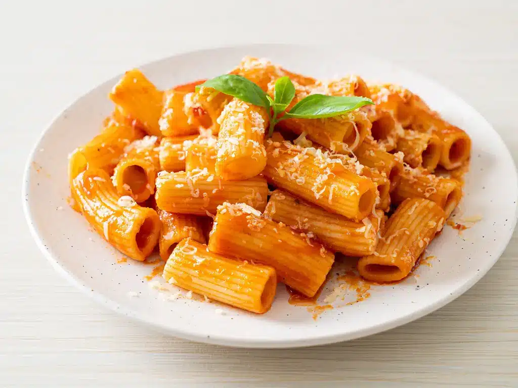 Ein Teller mit Rigatoni in einer reichhaltigen Tomatensauce, garniert mit geriebenem Parmesan und Basilikumblättern.